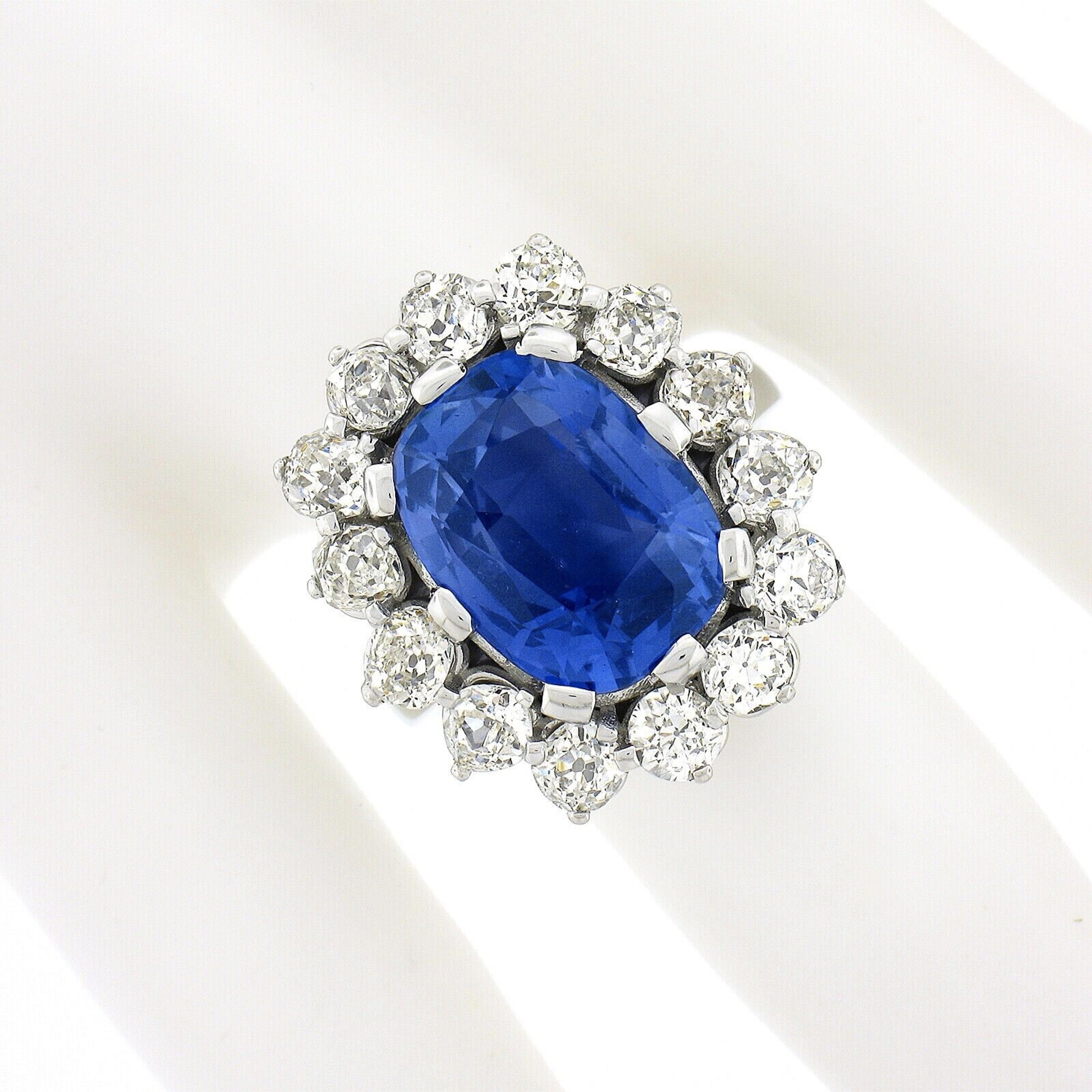 Cushion Cut New Platinum AGL Ceylon NO HEAT Old Cut Sapphire Old Mine Diamond Large Ring For Sale