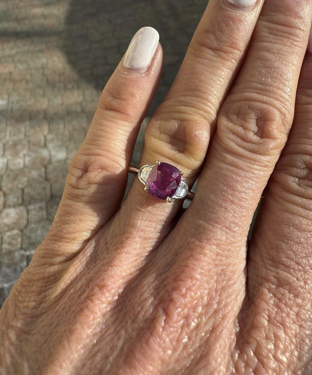 New Platinum AGL & GIA Cushion Pink Sapphire Burma Ruby & Half Moon Diamond Ring For Sale 5