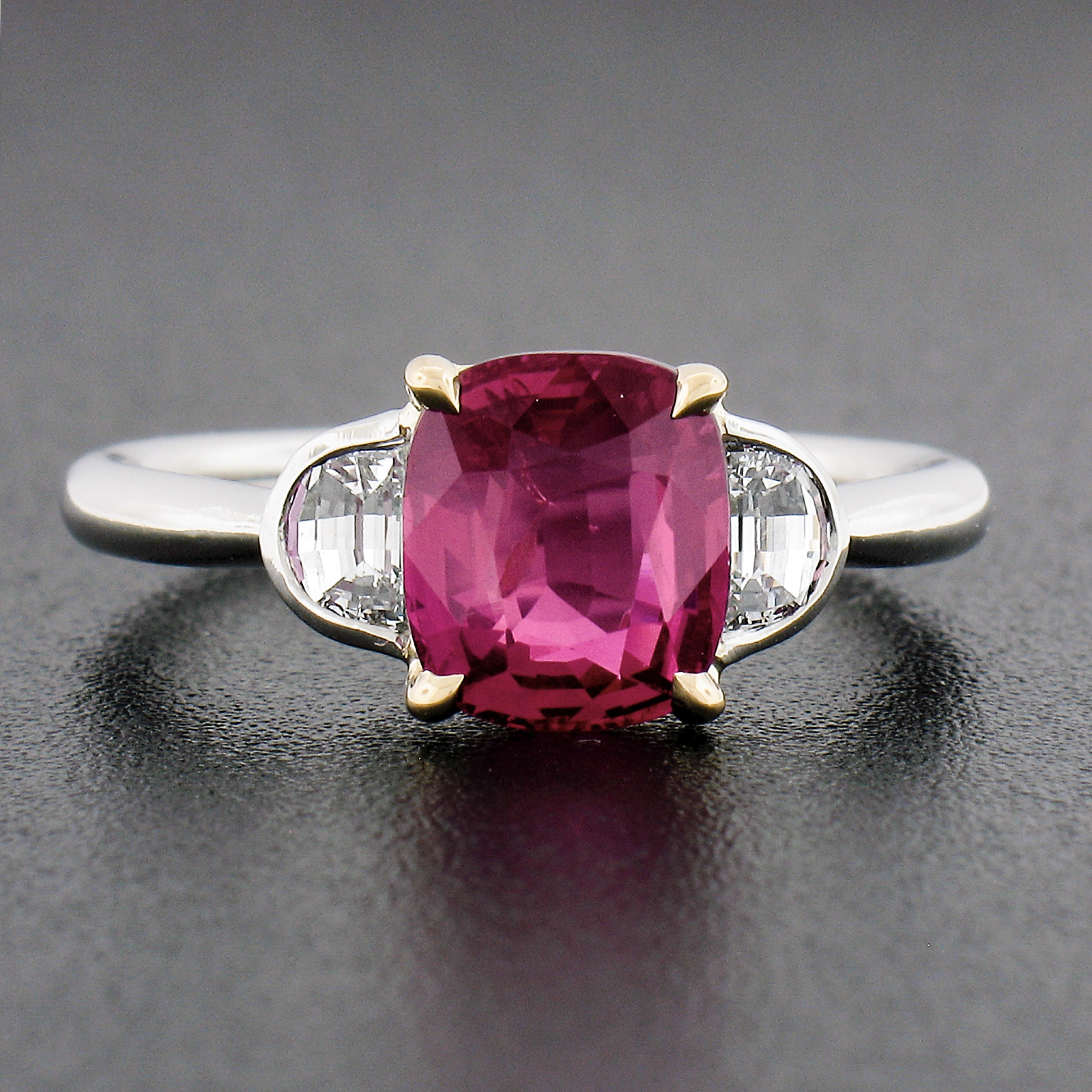 New Platinum AGL & GIA Cushion Pink Sapphire Burma Ruby & Half Moon Diamond Ring In New Condition For Sale In Montclair, NJ
