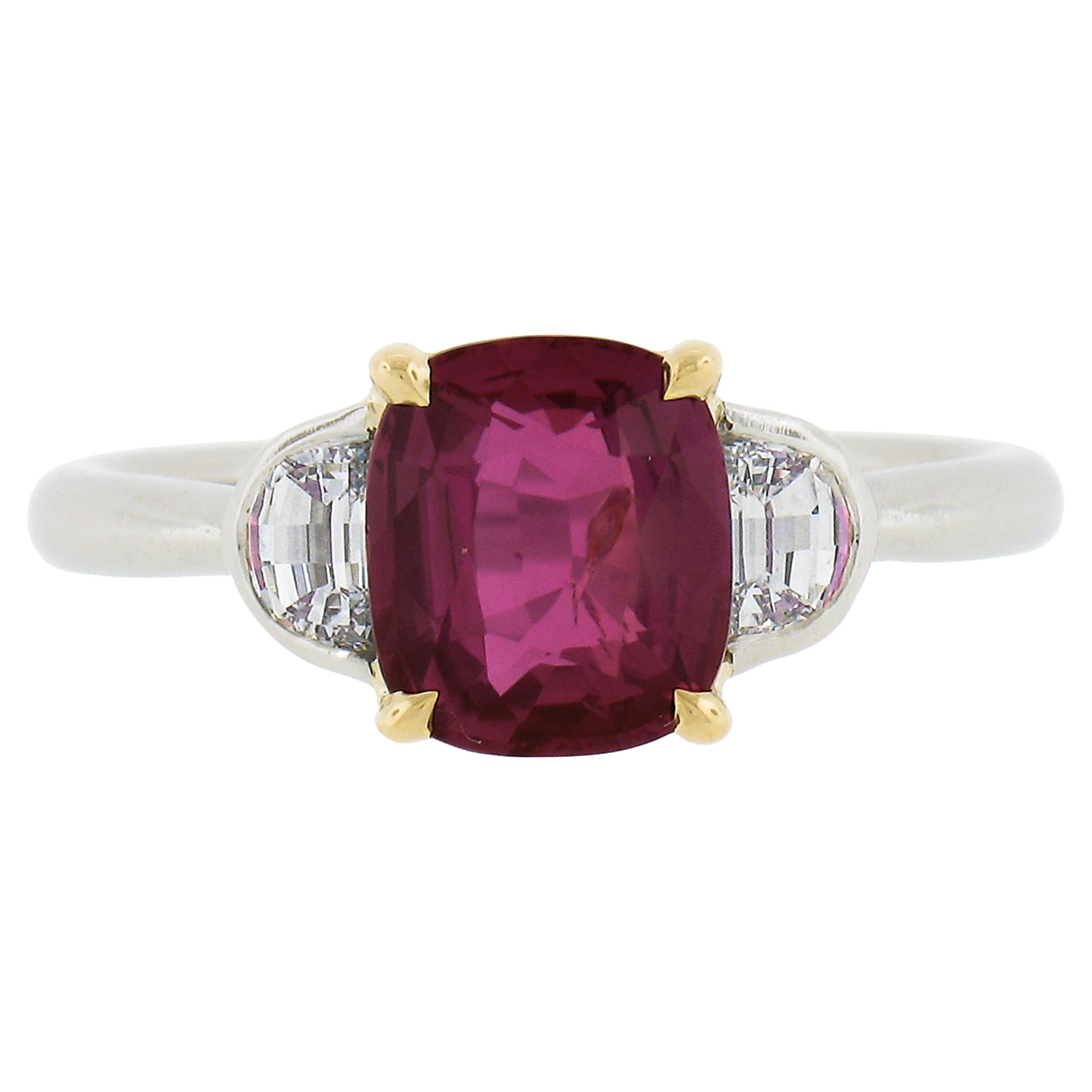 New Platinum AGL & GIA Cushion Pink Sapphire Burma Ruby & Half Moon Diamond Ring For Sale