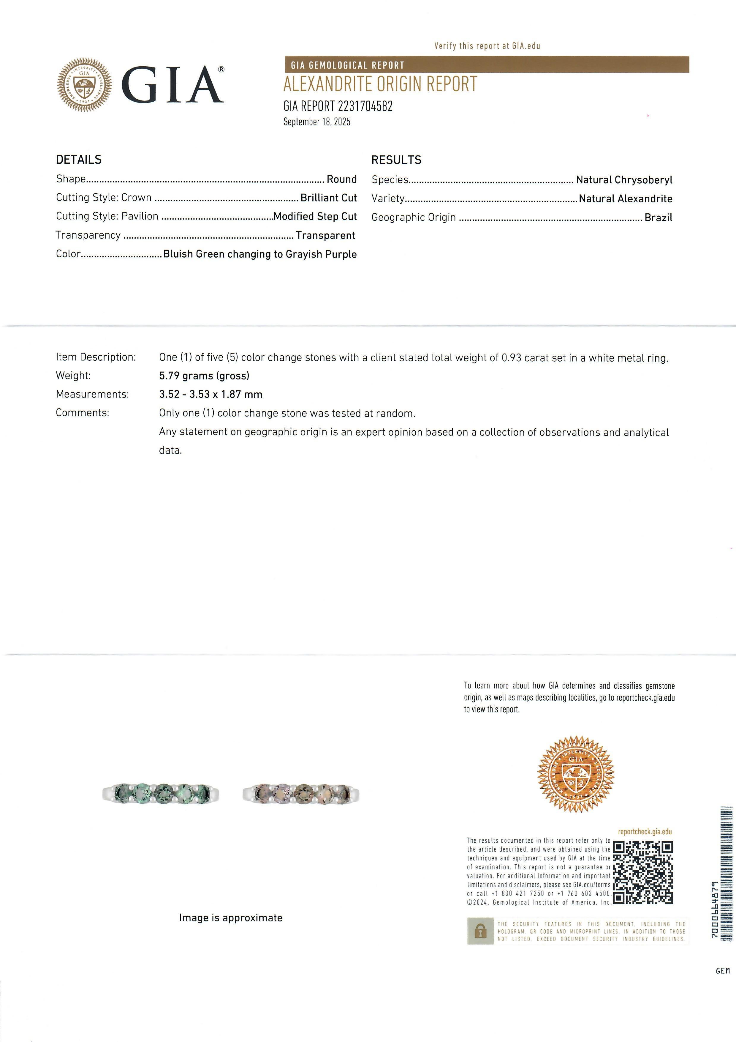 --Pierre(s) :...
(5) Chrysobéryl Alexandrite Véritable Naturelle - taille ronde et brillante - serti - couleur vert bleuté changeant en violet grisâtre - Brésil - 0.93ct (exact )
** Voir les détails de la certification ci-dessous pour des