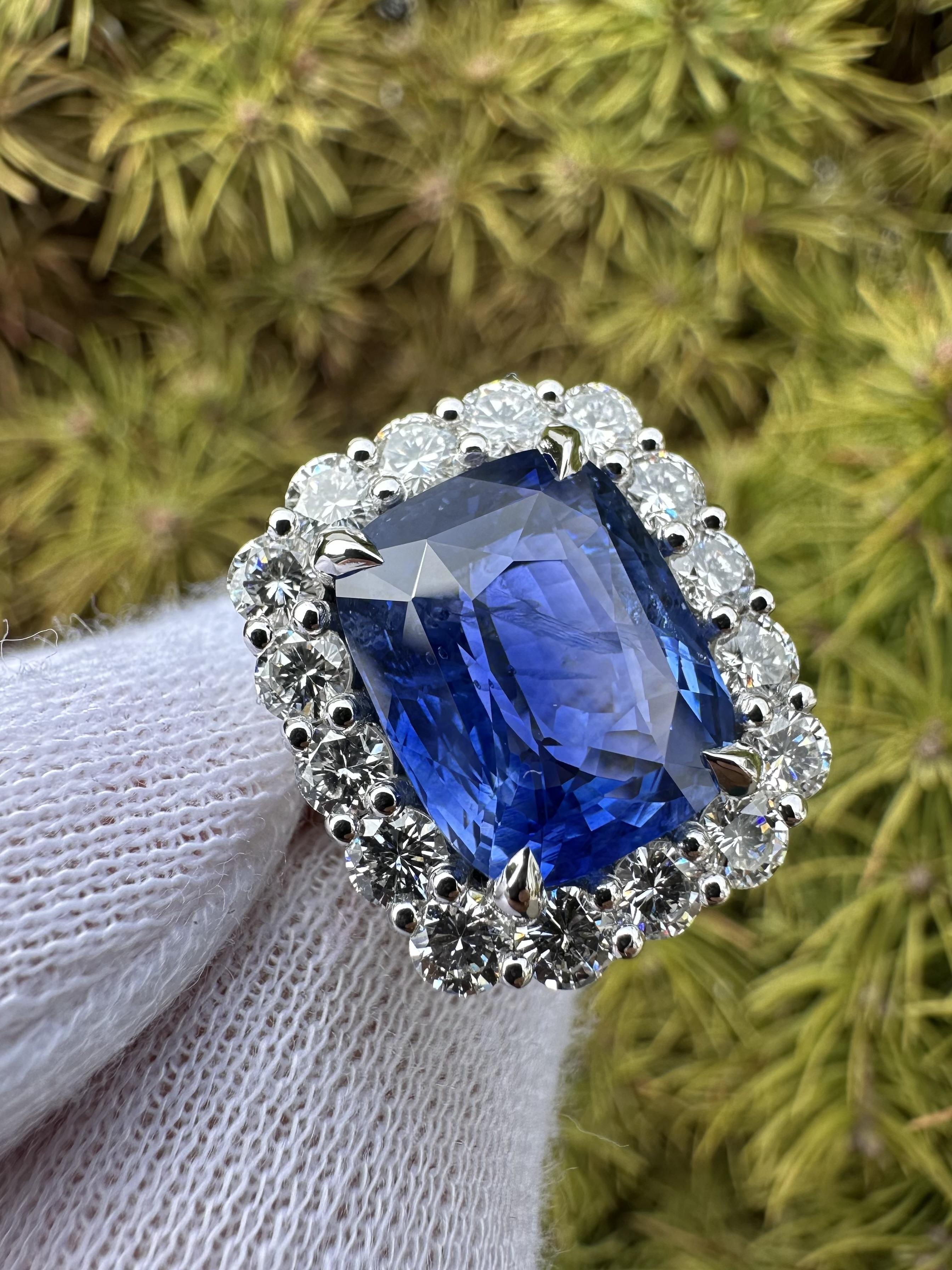 New Platinum GIA 10.96ct No Heat Ceylon Sapphire Diamond Halo Substantial Ring For Sale 13