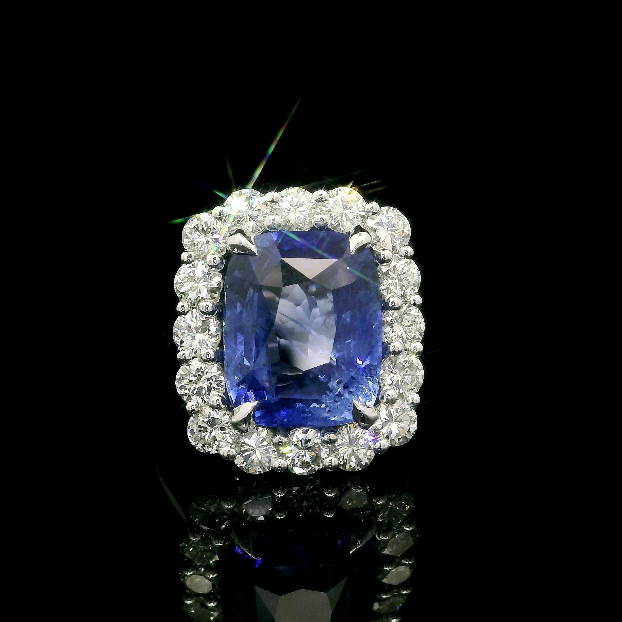 New Platinum GIA 10.96ct No Heat Ceylon Sapphire Diamond Halo Substantial Ring For Sale 3