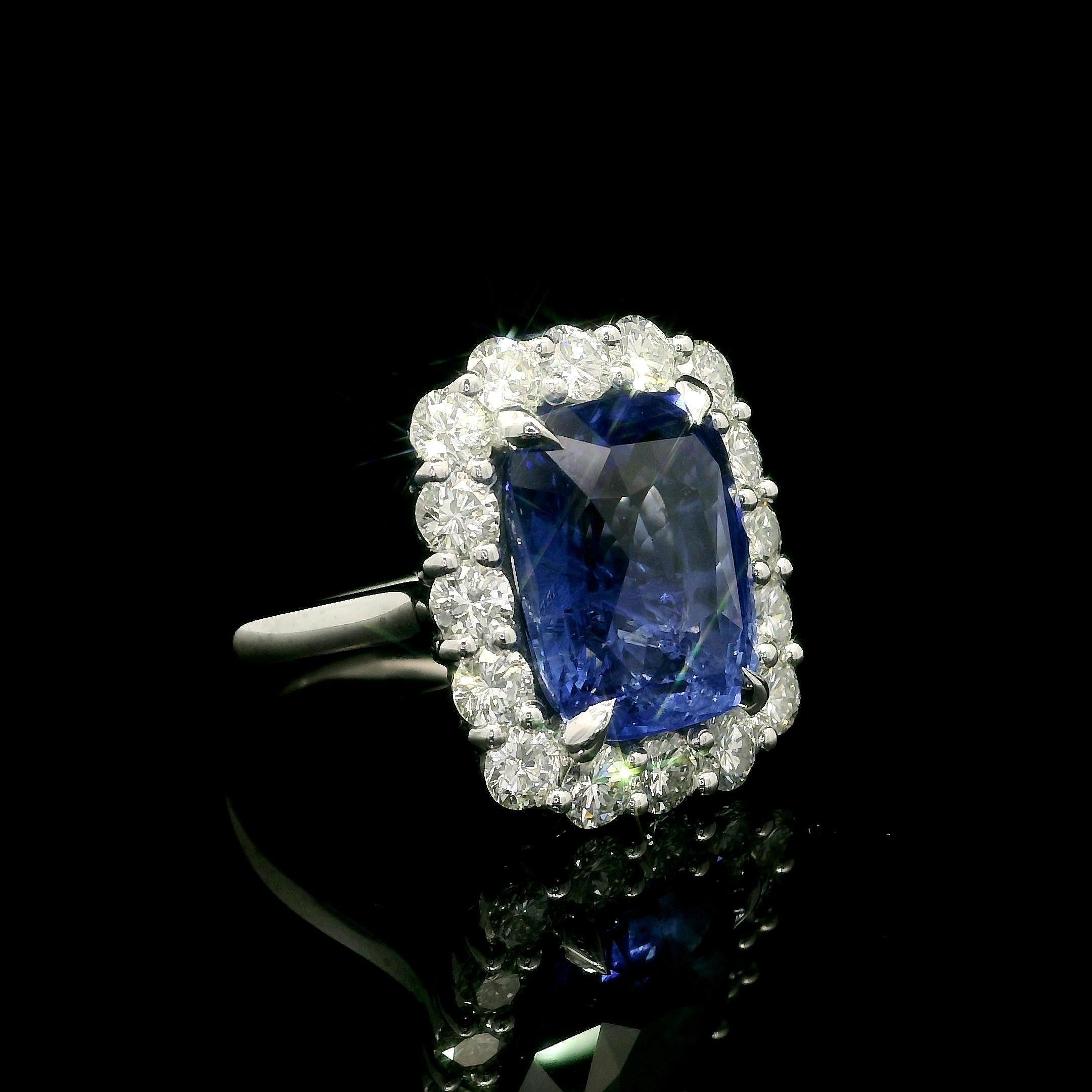 New Platinum GIA 10.96ct No Heat Ceylon Sapphire Diamond Halo Substantial Ring For Sale 4