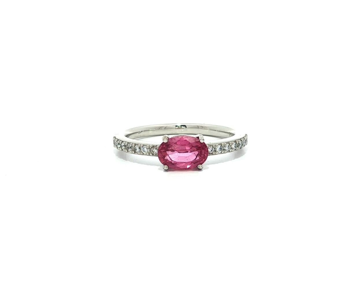 New Platinum GIA 1.14ct Oval Pink Sapphire Diamond Band Sideway East West Ring