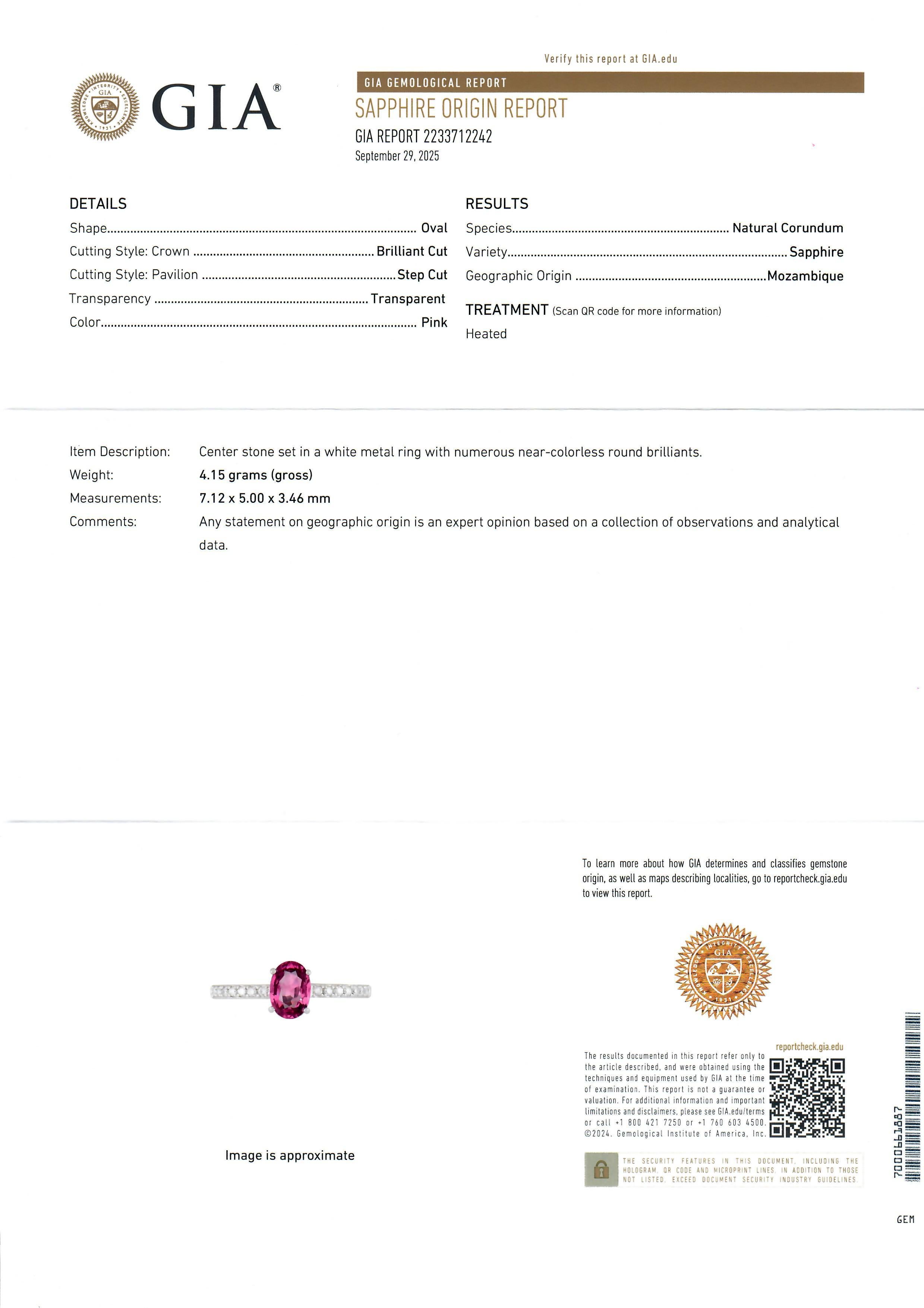 New Platinum GIA 1.14ctw Pink Sapphire Diamond Shoulders Engagement Promise Ring im Angebot 8