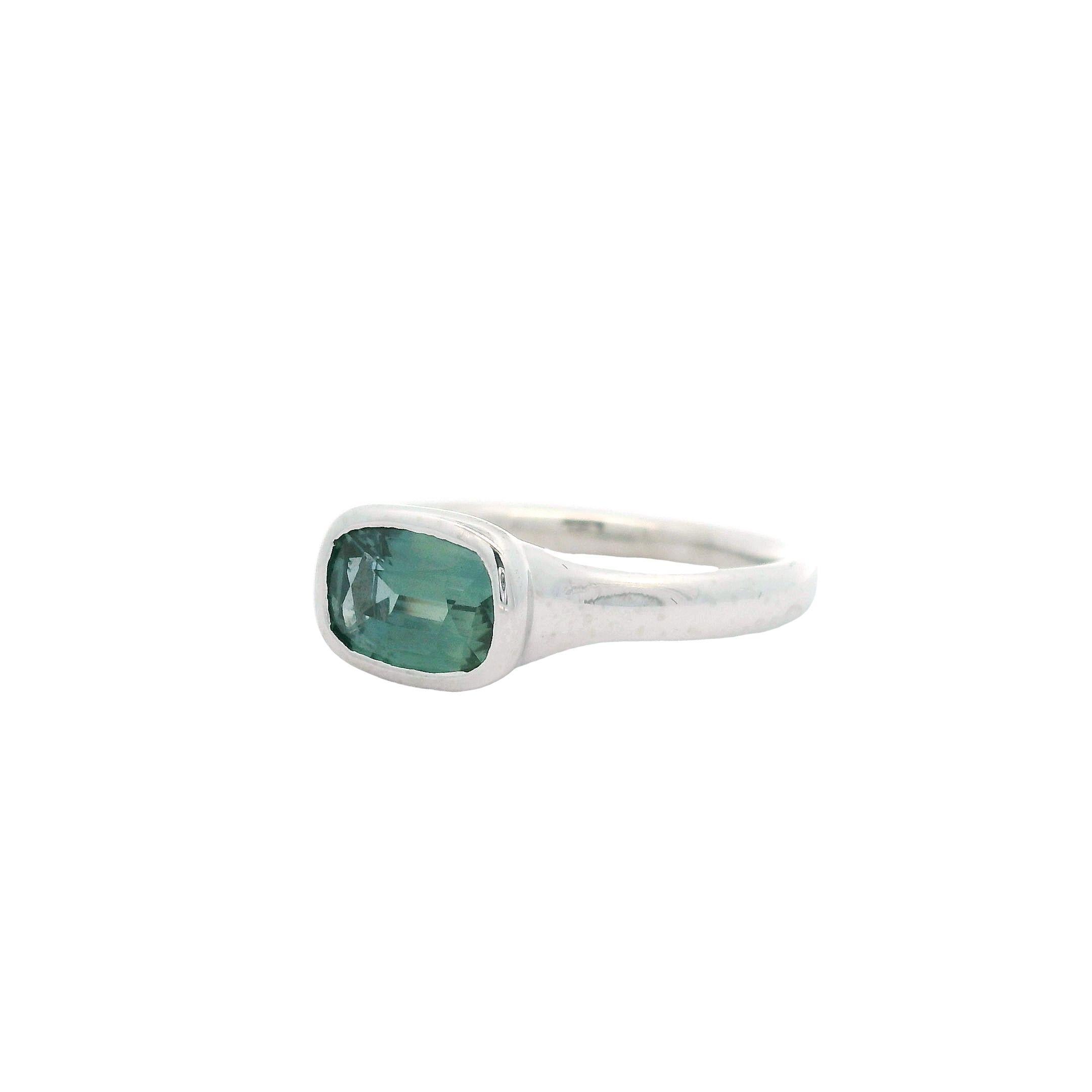 Cushion Cut NEW Platinum GIA 1.55ct NO HEAT Bezel Set Greenish Blue Sapphire Solitaire Ring For Sale
