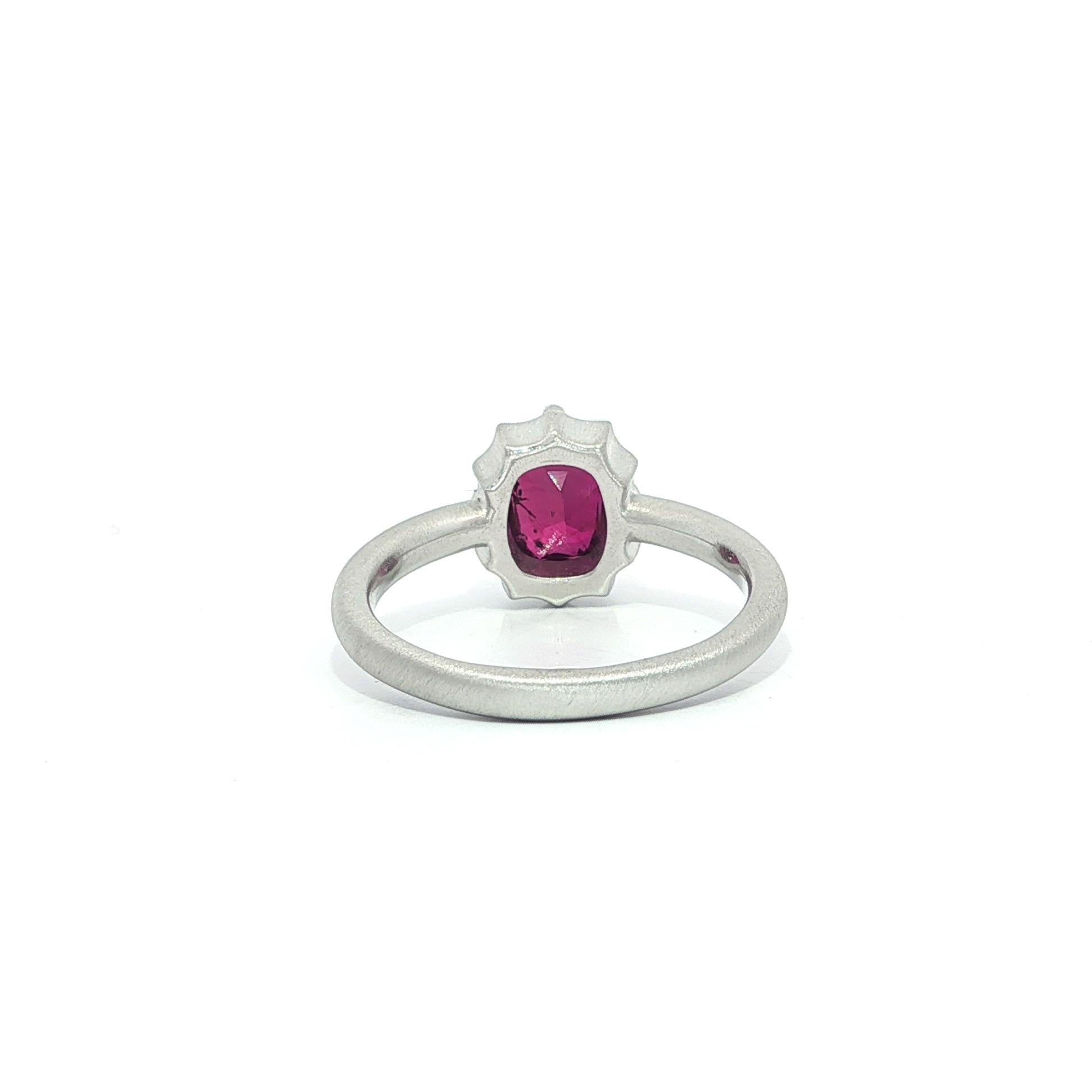 New Platinum GIA 1.66ct No Heat Cushion Ruby Solitaire Brushed Matte Finish Ring For Sale 5