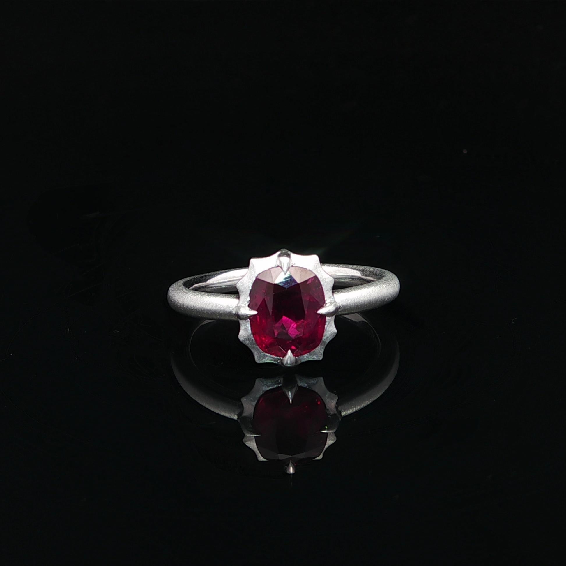 Beautiful New Platinum GIA No Heat Ruby Solitaire in Scalloped Engagement Ring
--Stone(s):--
(1) Natural Genuine Ruby - Cushion Brilliant Cut - Claw Prong Set - Gorgeous Very Clean - Deep Purplish Red Color - No Heat - 1.66ct (exact)
** See