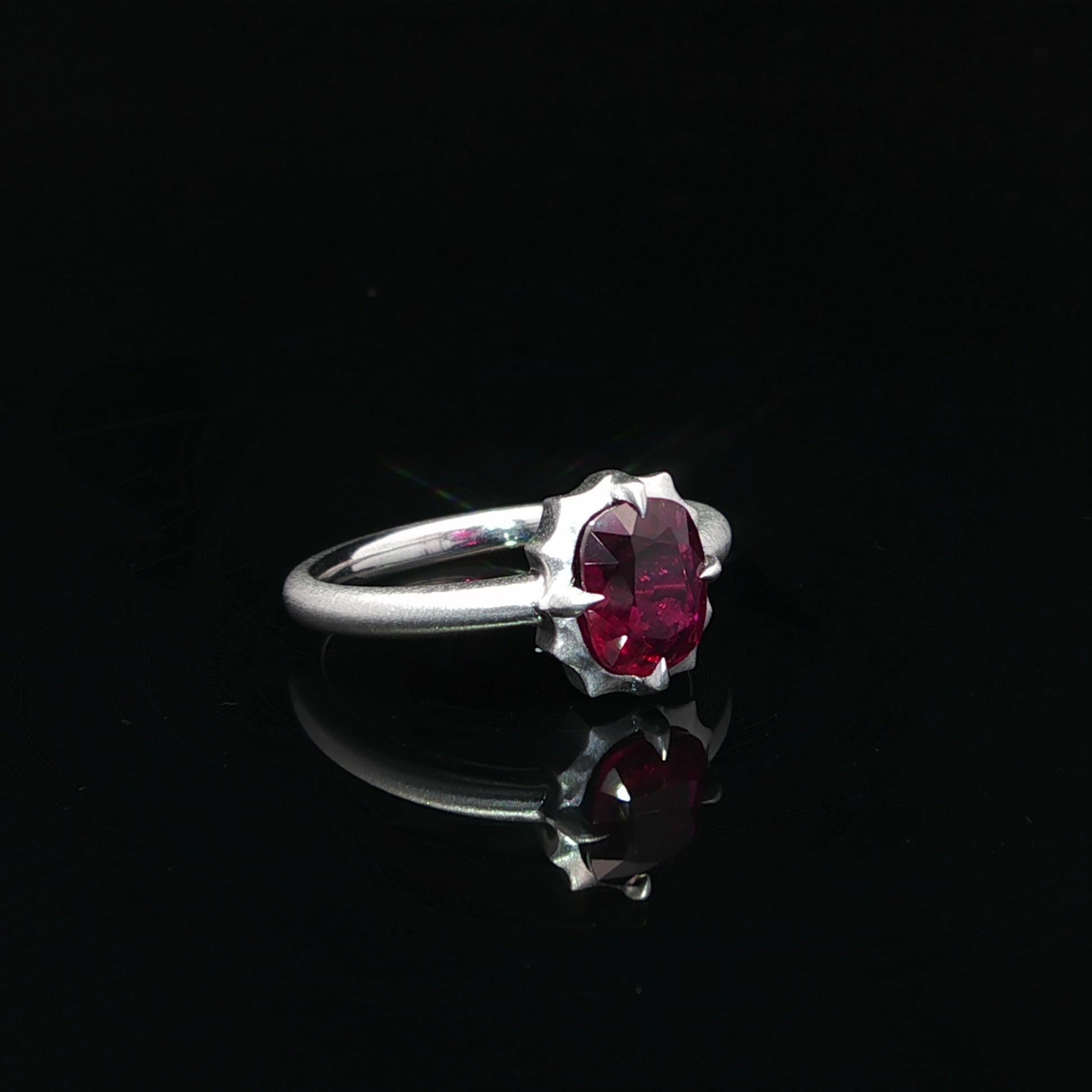 Brilliant Cut New Platinum GIA 1.66ct No Heat Cushion Ruby Solitaire Brushed Matte Finish Ring For Sale