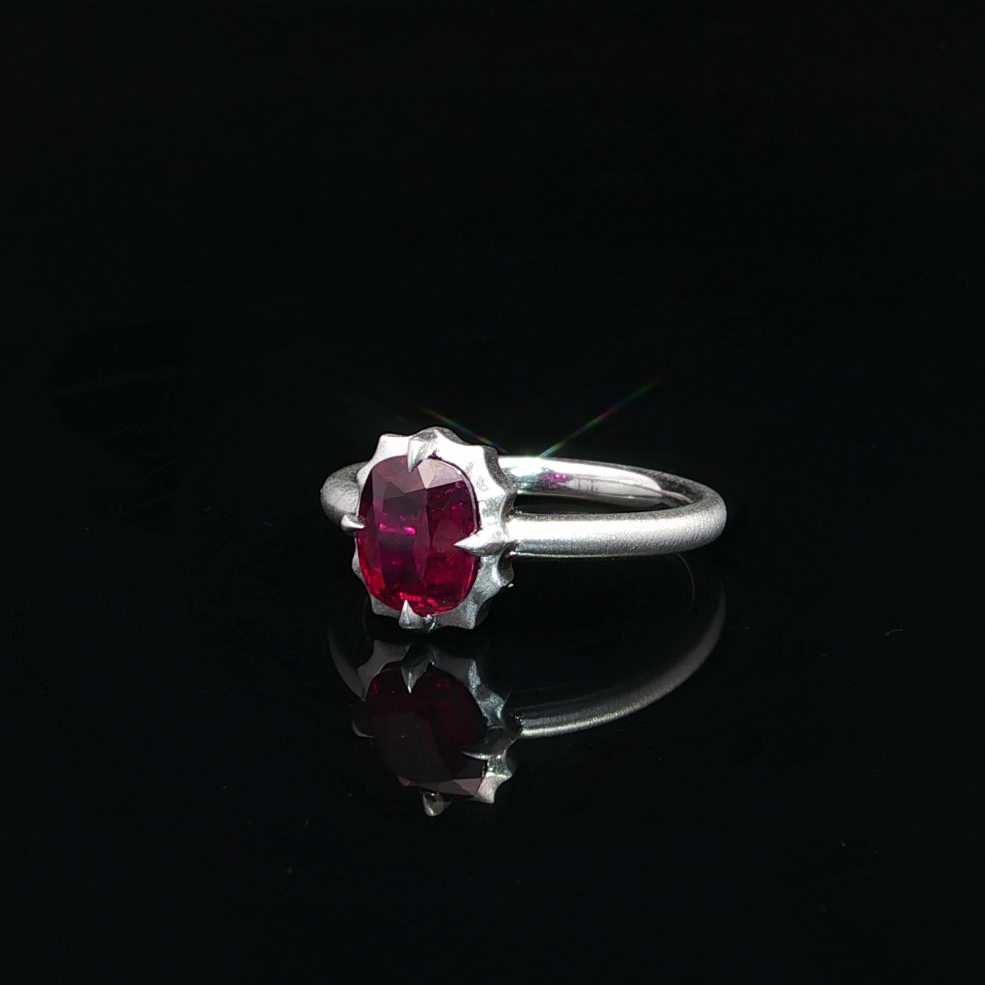 New Platinum GIA 1.66ct No Heat Cushion Ruby Solitaire Brushed Matte Finish Ring In New Condition For Sale In Montclair, NJ