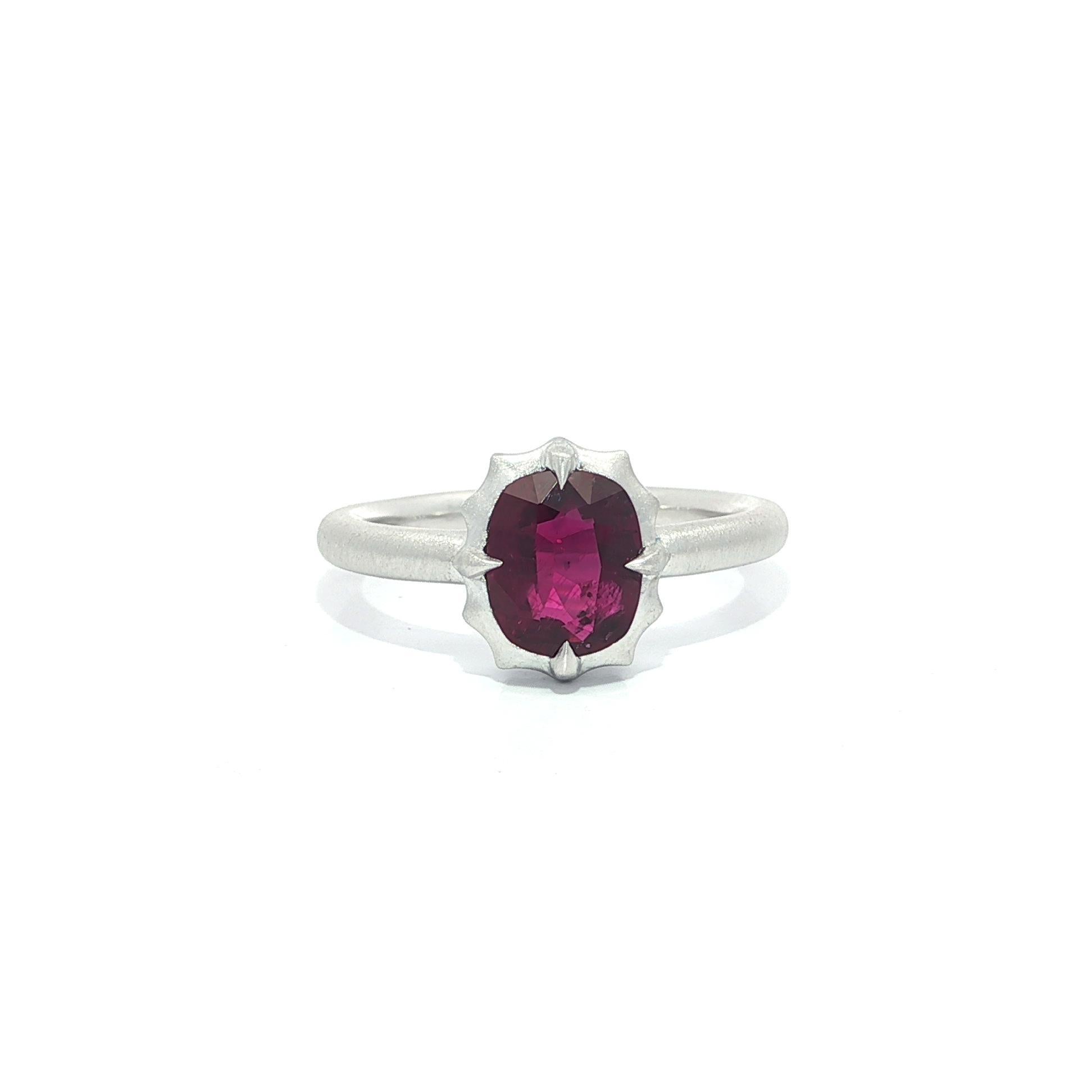 Women's New Platinum GIA 1.66ct No Heat Cushion Ruby Solitaire Brushed Matte Finish Ring For Sale