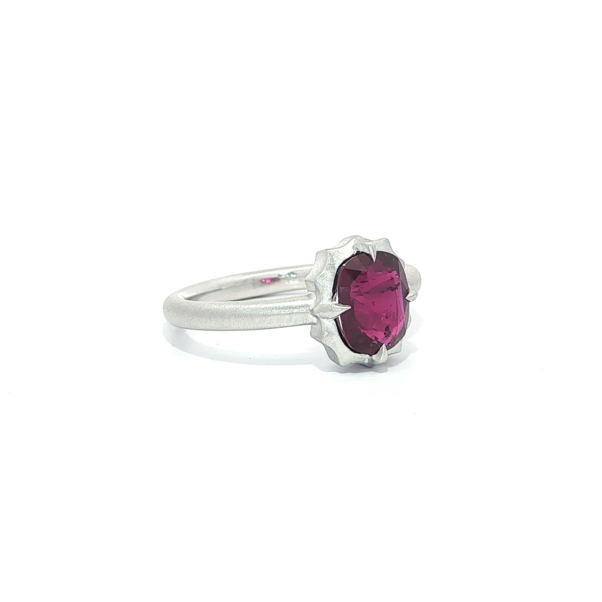 New Platinum GIA 1.66ct No Heat Cushion Ruby Solitaire Brushed Matte Finish Ring For Sale 1