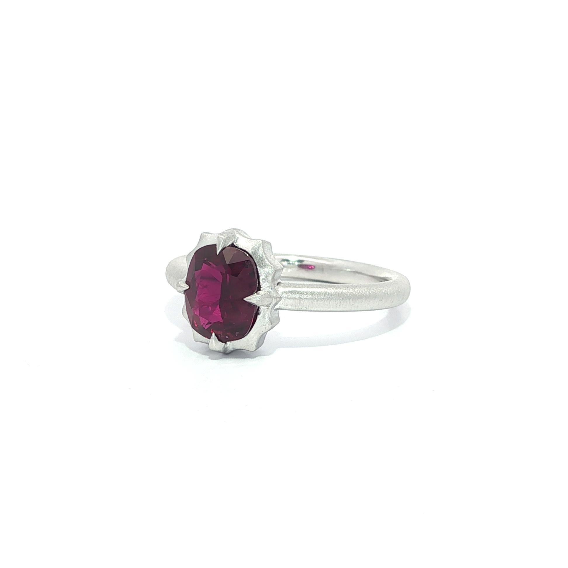 New Platinum GIA 1.66ct No Heat Cushion Ruby Solitaire Brushed Matte Finish Ring For Sale 3