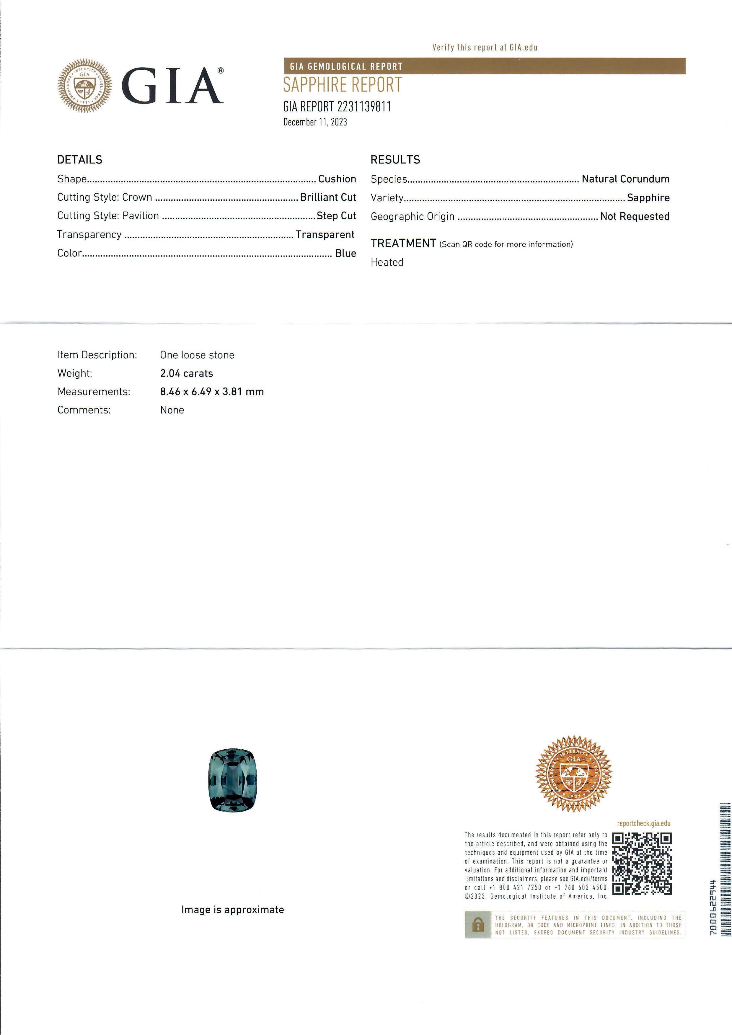 NEW Platinum GIA 2.04ct Bezel Set Greenish Blue Sapphire Sideway Solitaire Ring en vente 6