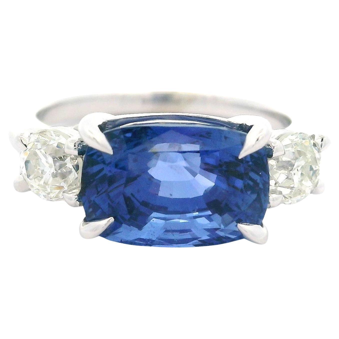 New Platinum GIA 5.89ctw No Heat Sapphire Old European Cut Diamond Sideways Ring