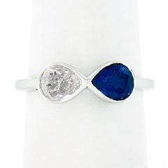 NEW Platinum GIA Bezel Set NO HEAT Sapphire & Diamond Dual Pear Cut 2 Stone Ring