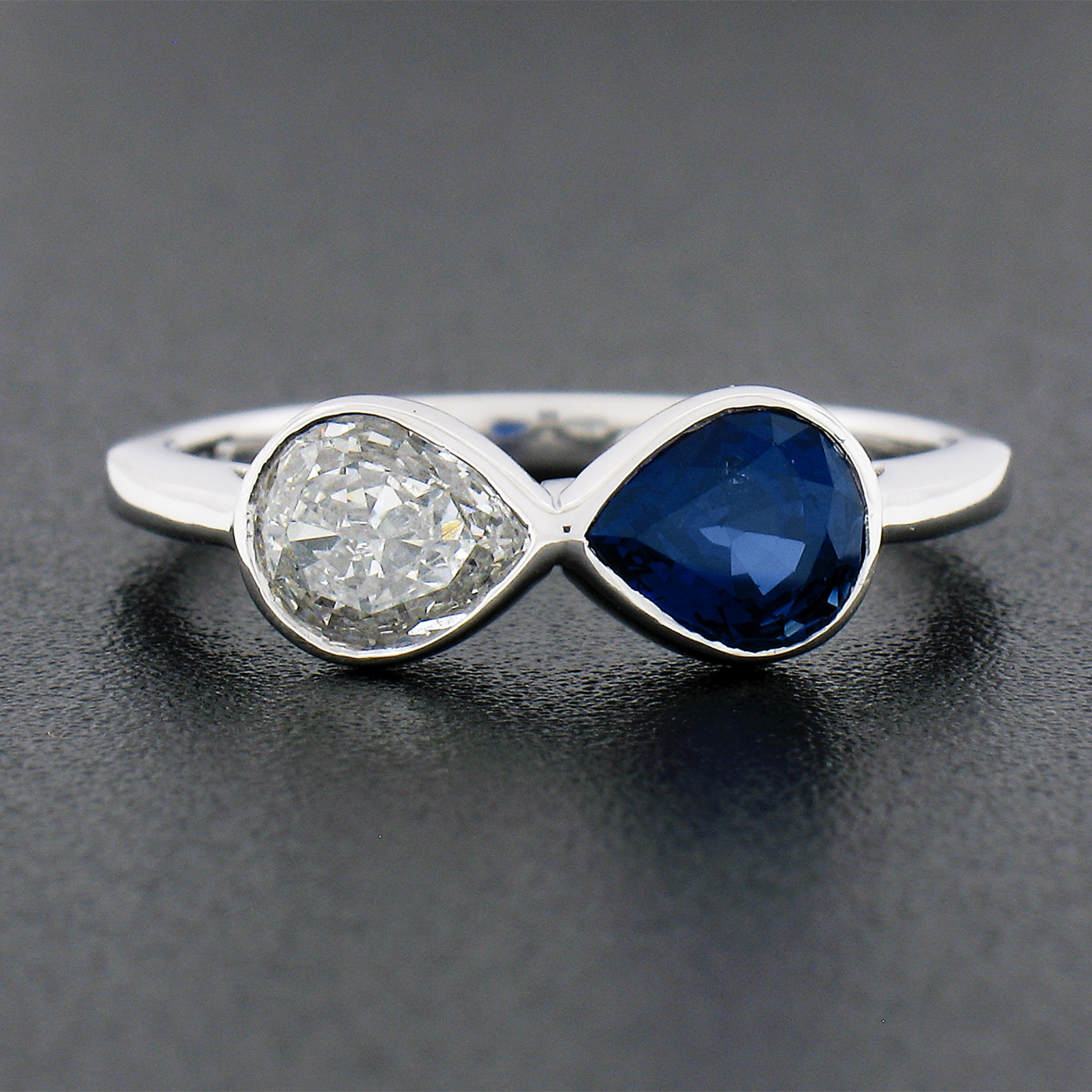 Women's NEW Platinum GIA Bezel Set NO HEAT Sapphire & Diamond Dual Pear Cut 2 Stone Ring For Sale