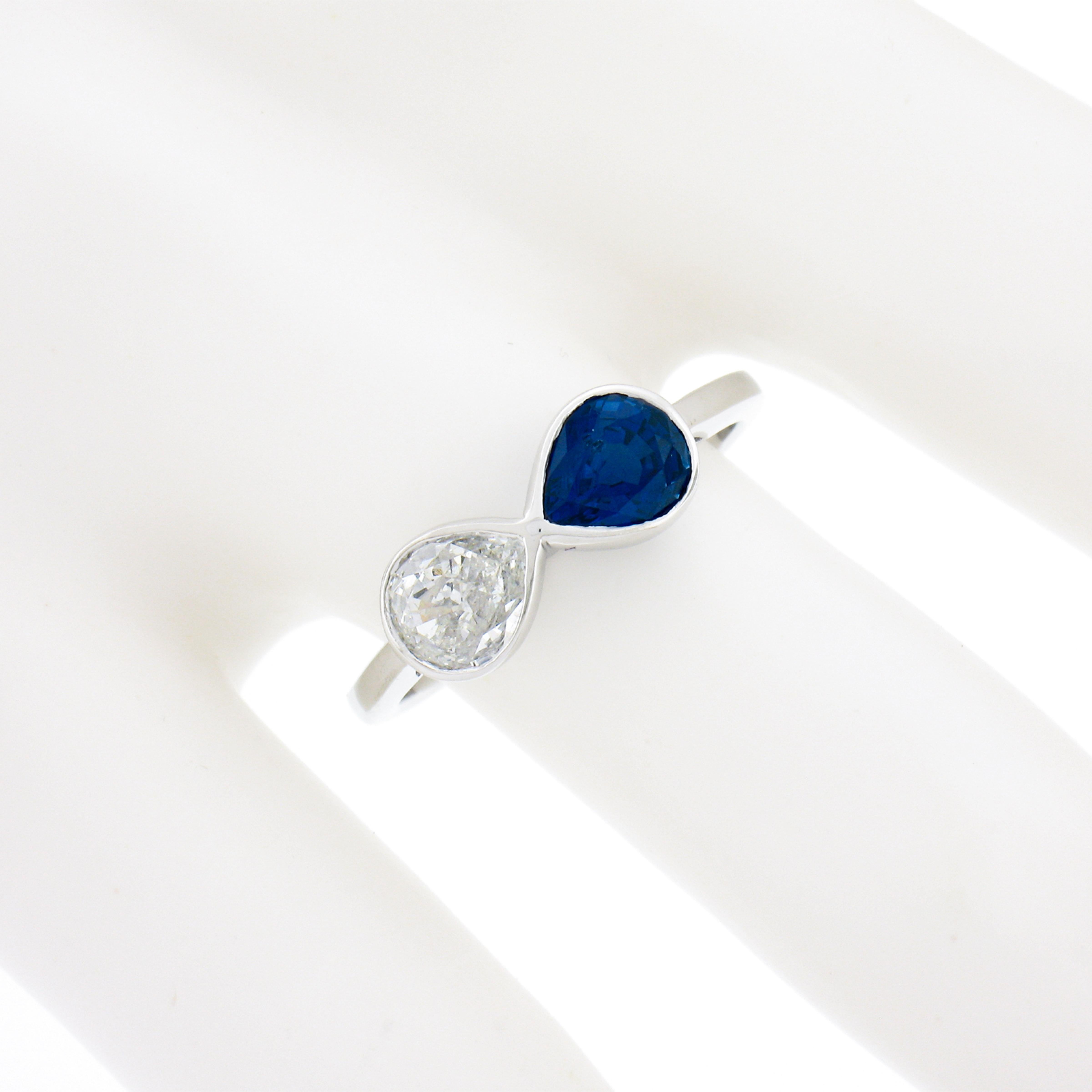 NEW Platinum GIA Bezel Set NO HEAT Sapphire & Diamond Dual Pear Cut 2 Stone Ring For Sale 1