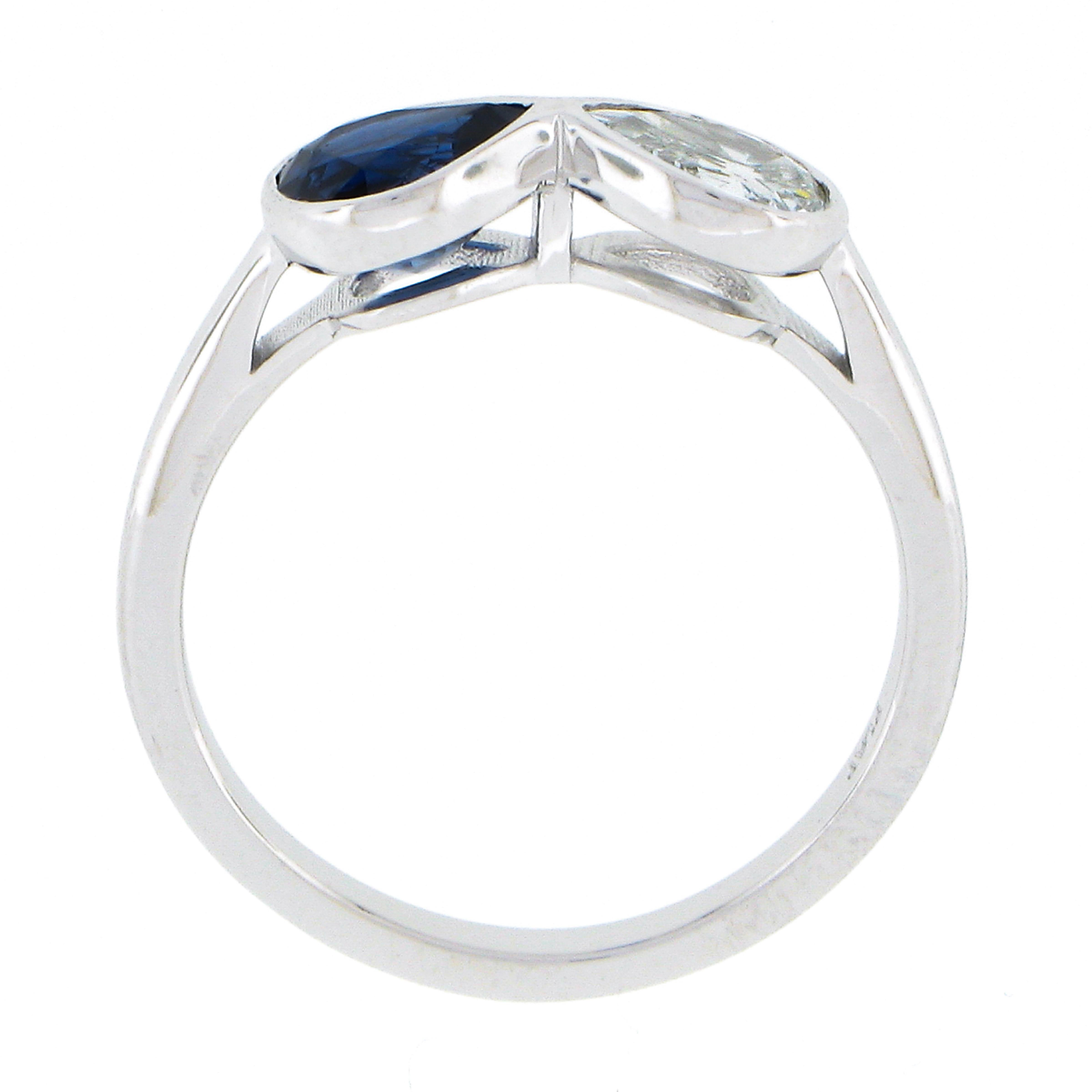 NEW Platinum GIA Bezel Set NO HEAT Sapphire & Diamond Dual Pear Cut 2 Stone Ring For Sale 5
