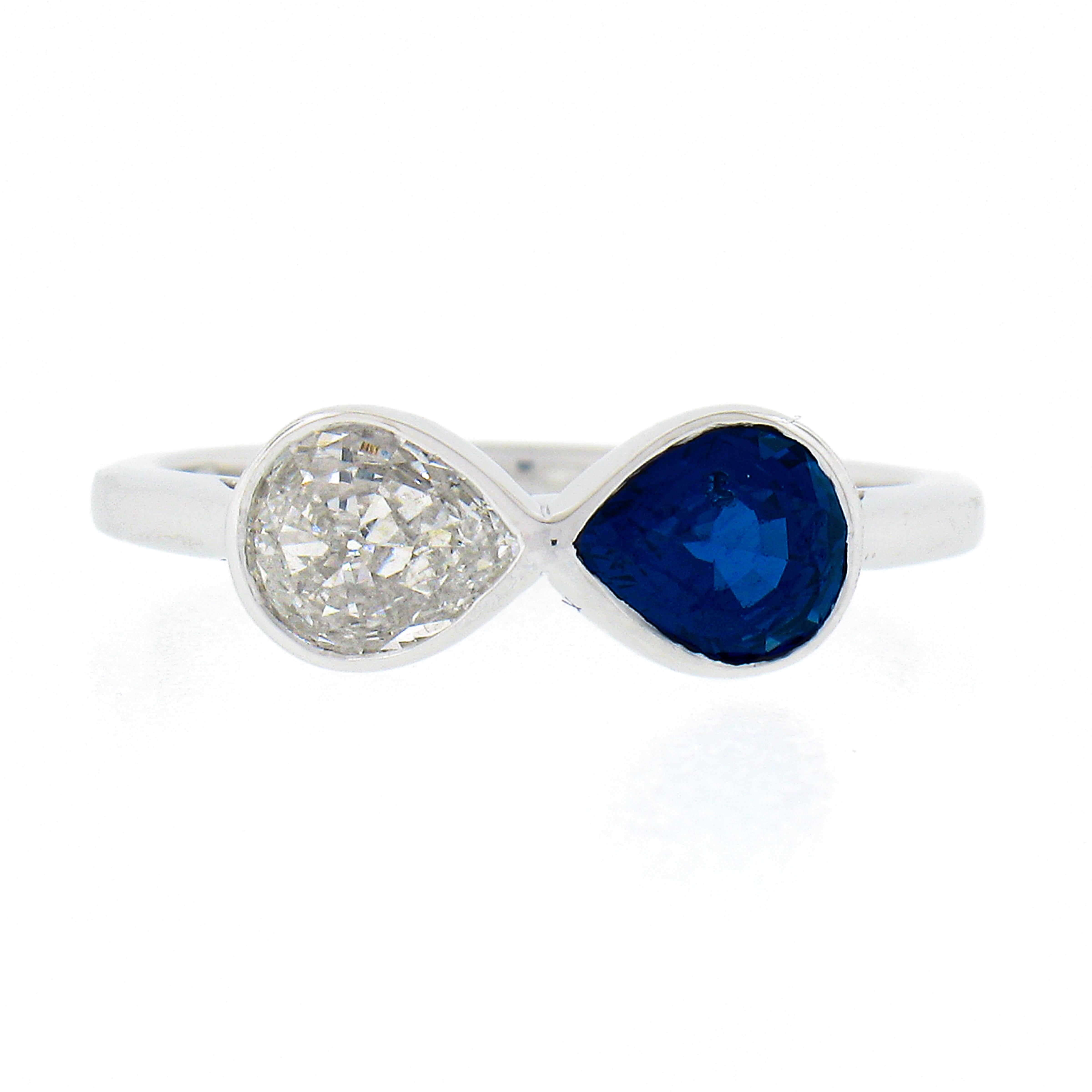 NEW Platinum GIA Bezel Set NO HEAT Sapphire & Diamond Dual Pear Cut 2 Stone Ring For Sale