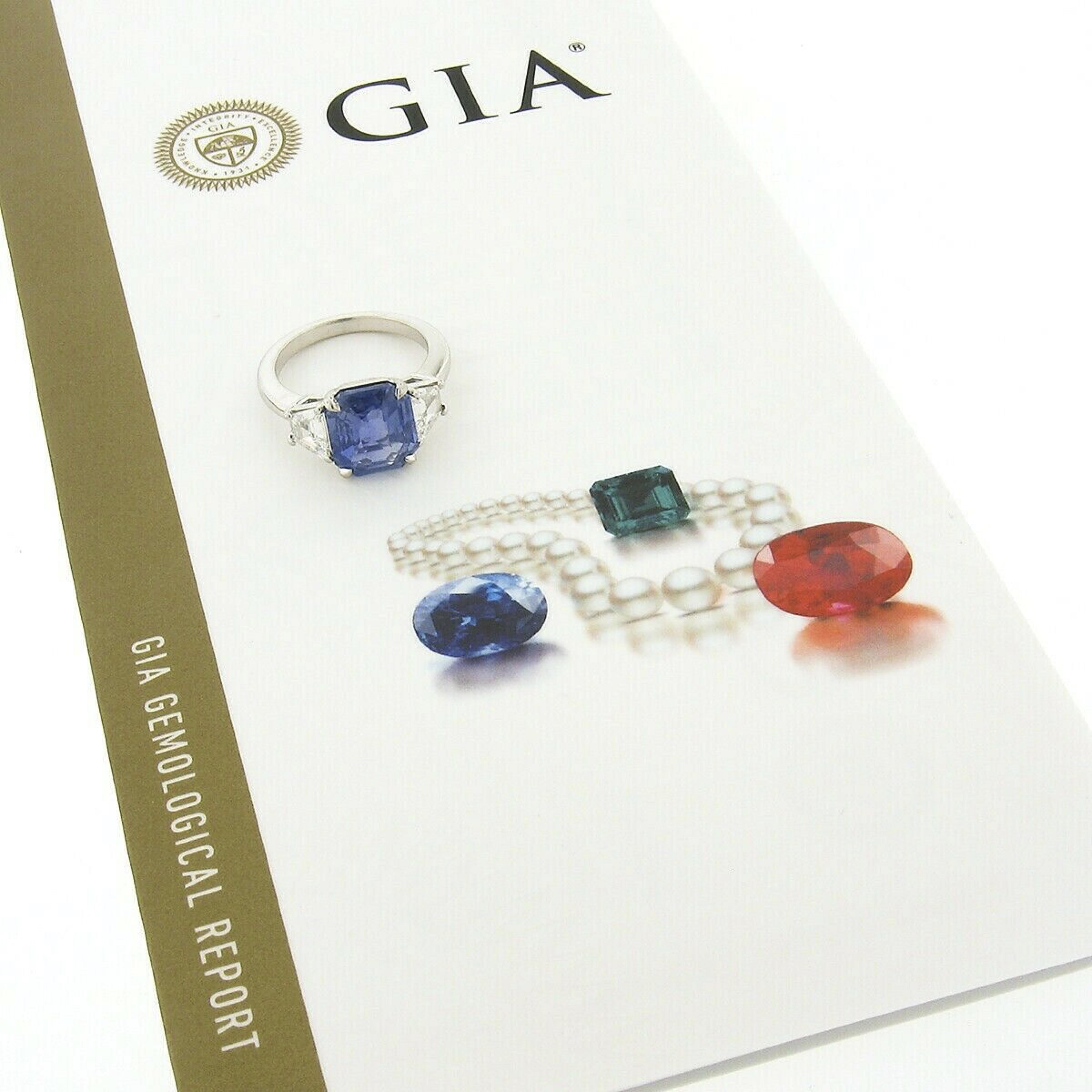 New Platinum GIA Emerald Cut Sapphire Trapezoid Diamond 3 Stone Engagement Ring 2
