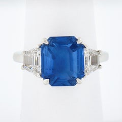 New Platinum GIA Emerald Cut Sapphire Trapezoid Diamond 3 Stone Engagement Ring