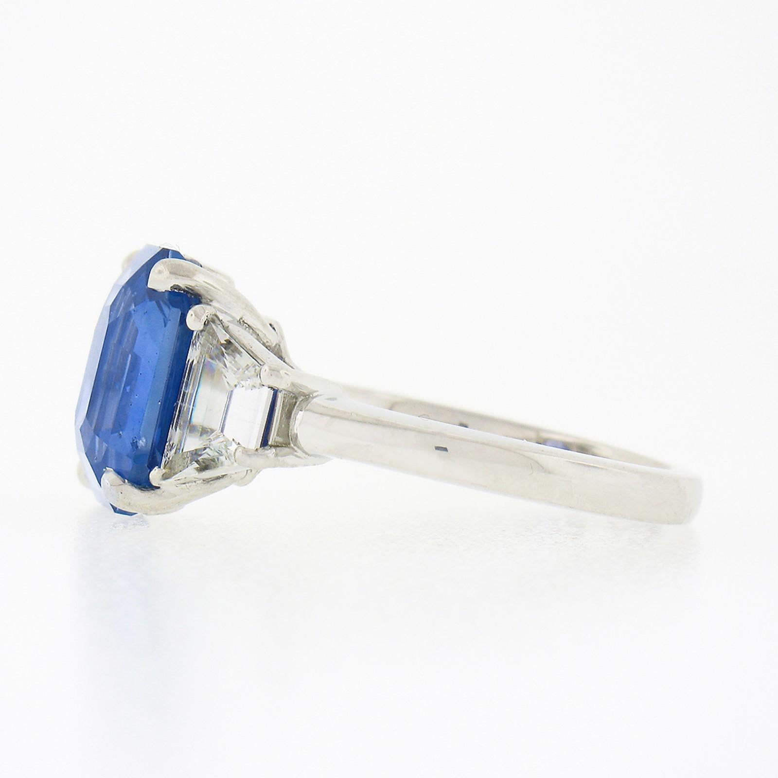 Octagon Cut New Platinum GIA Emerald Cut Sapphire Trapezoid Diamond 3 Stone Engagement Ring