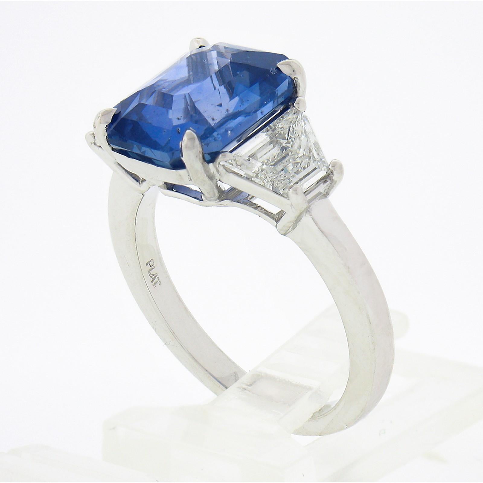 New Platinum GIA Emerald Cut Sapphire Trapezoid Diamond 3 Stone Engagement Ring 1