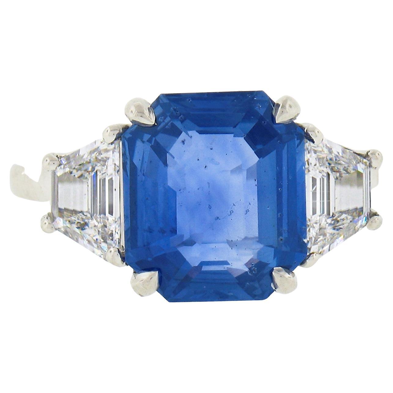 New Platinum GIA Emerald Cut Sapphire Trapezoid Diamond 3 Stone Engagement Ring