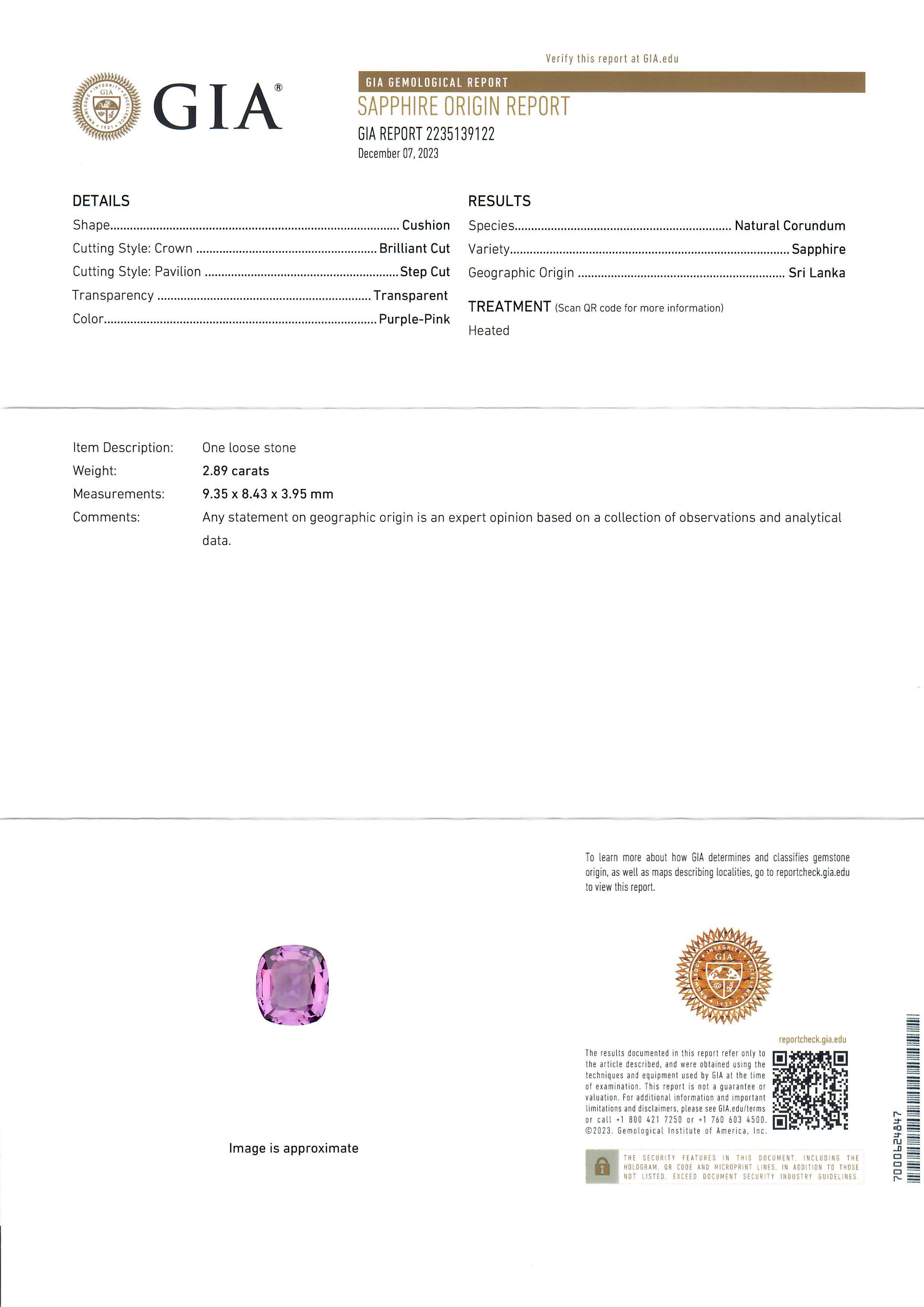 Bague solitaire en platine de 2,89 carats de qualité GIA, sertie d'un saphir rose violet serti clos en vente 5