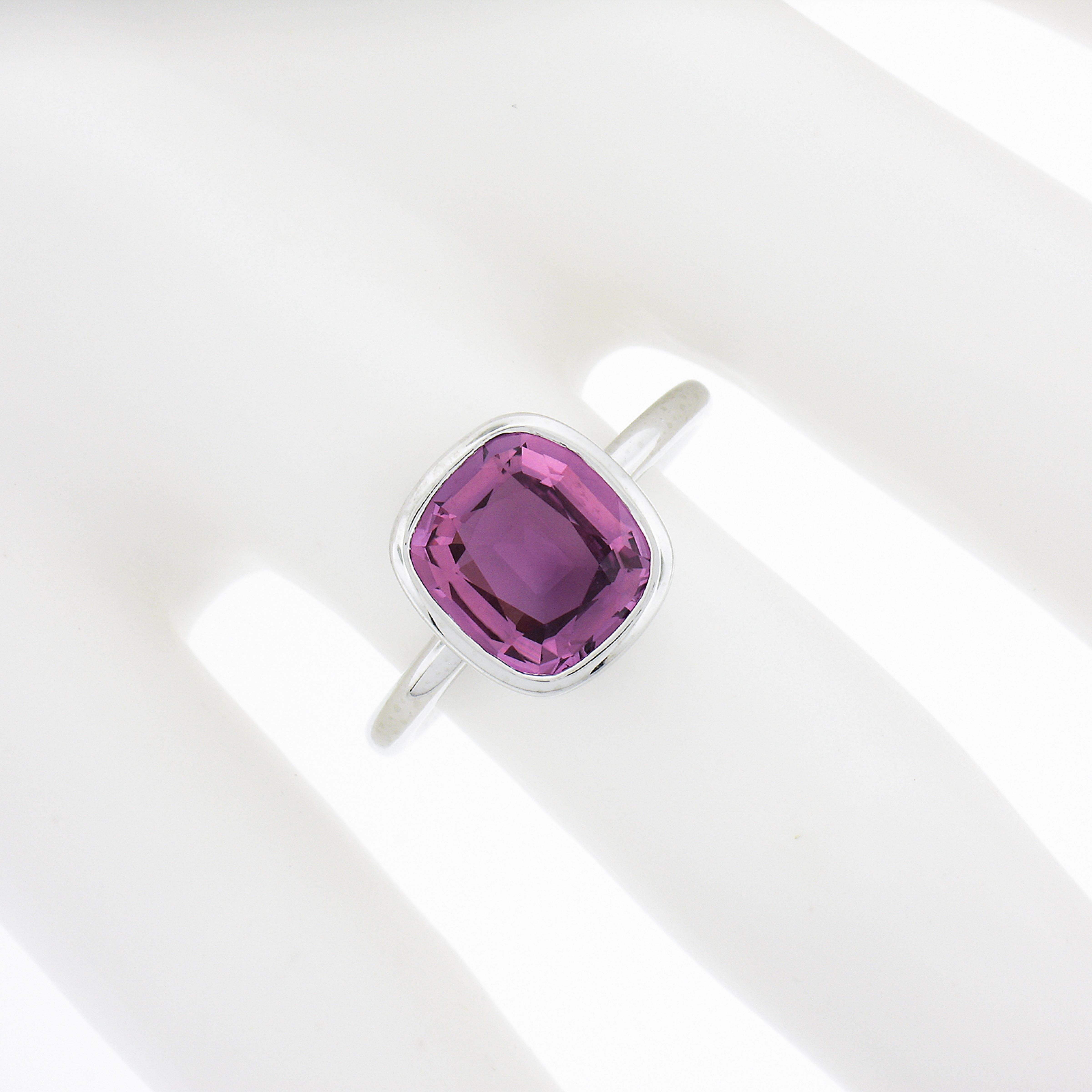 Cushion Cut NEW Platinum GIA Graded 2.89ct Bezel Set Purple Pink Sapphire Solitaire Ring For Sale