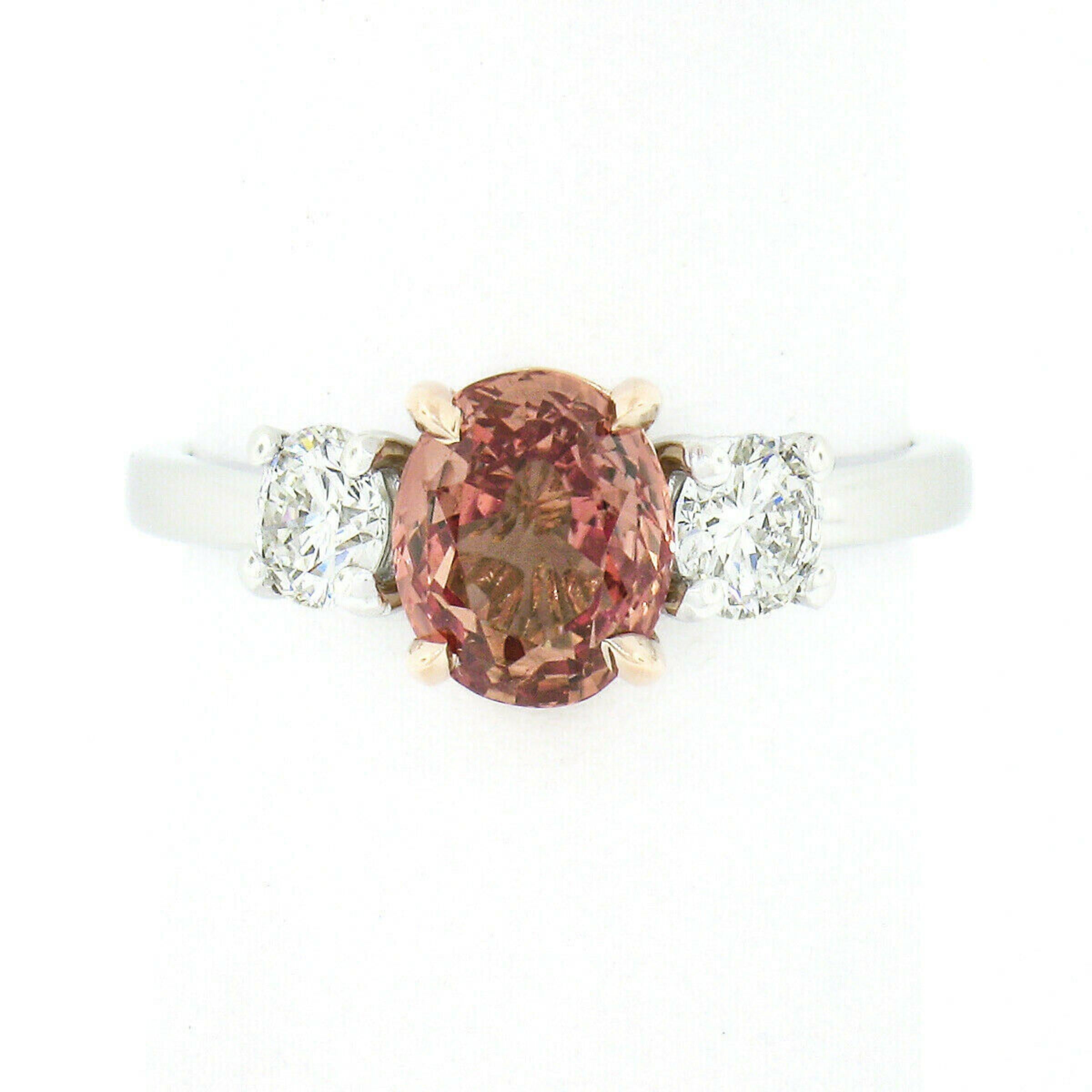 New Platinum GIA Oval Padparadscha Sapphire & Diamond 3 Stone Engagement Ring In New Condition In Montclair, NJ