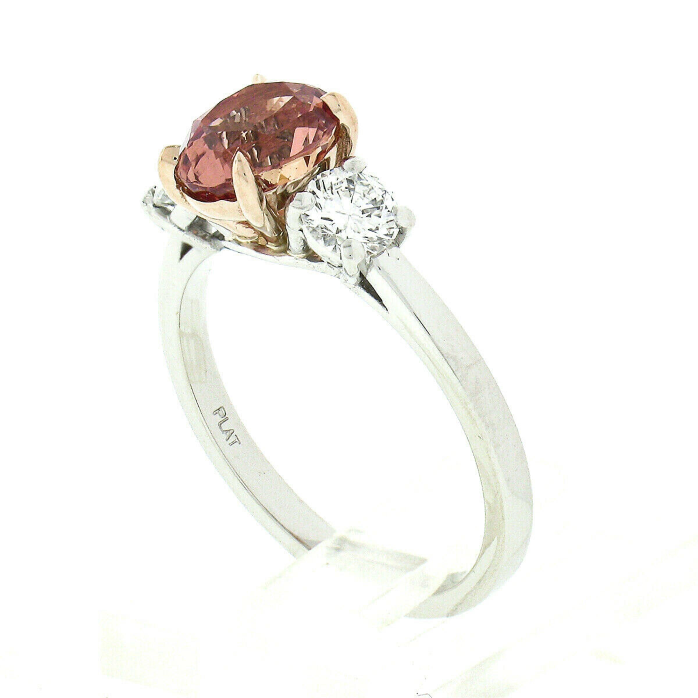 Women's New Platinum GIA Oval Padparadscha Sapphire & Diamond 3 Stone Engagement Ring