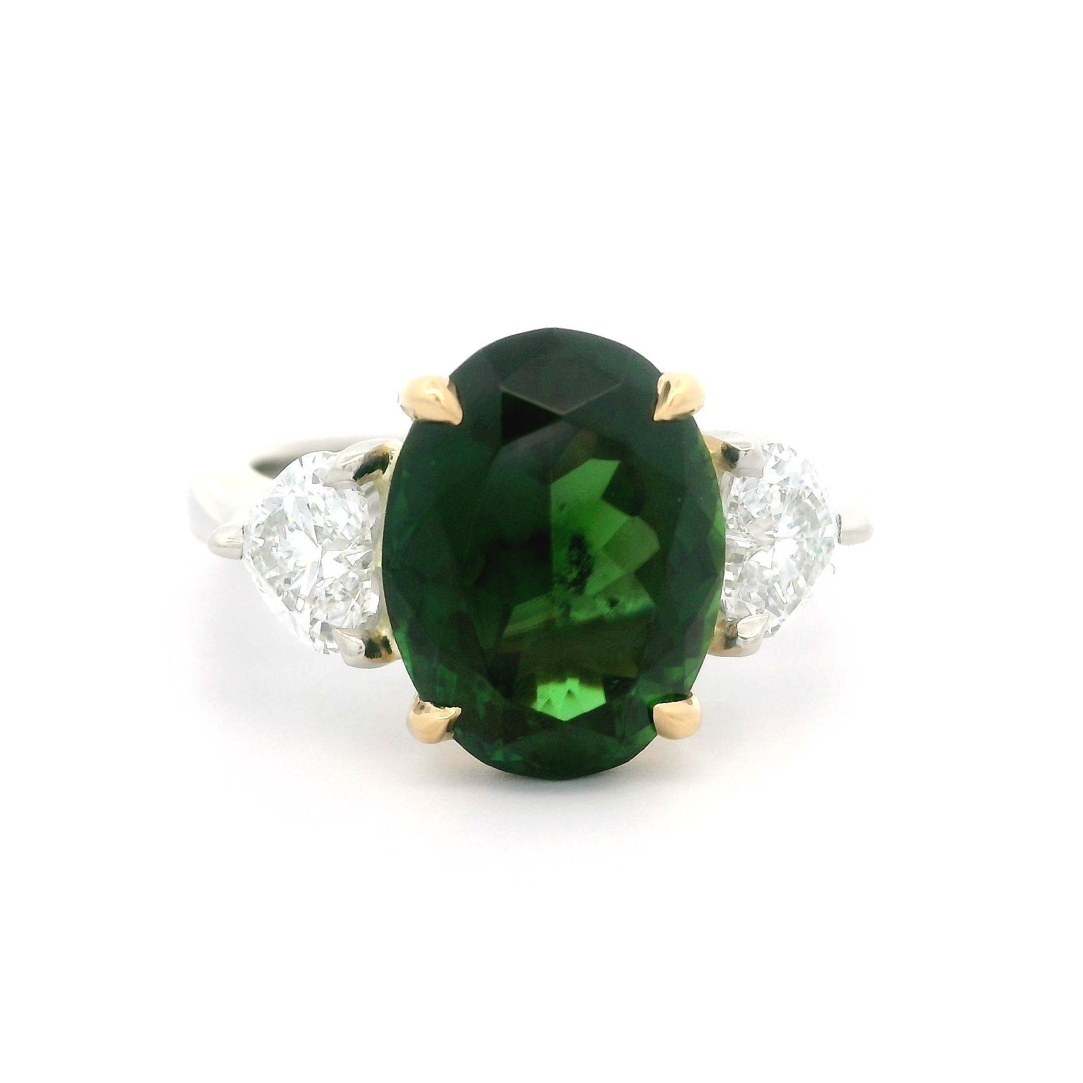 New Platinum Gold GIA 5.59ctw Oval Green Chrome Tourmaline & Heart Diamond Ring For Sale 5