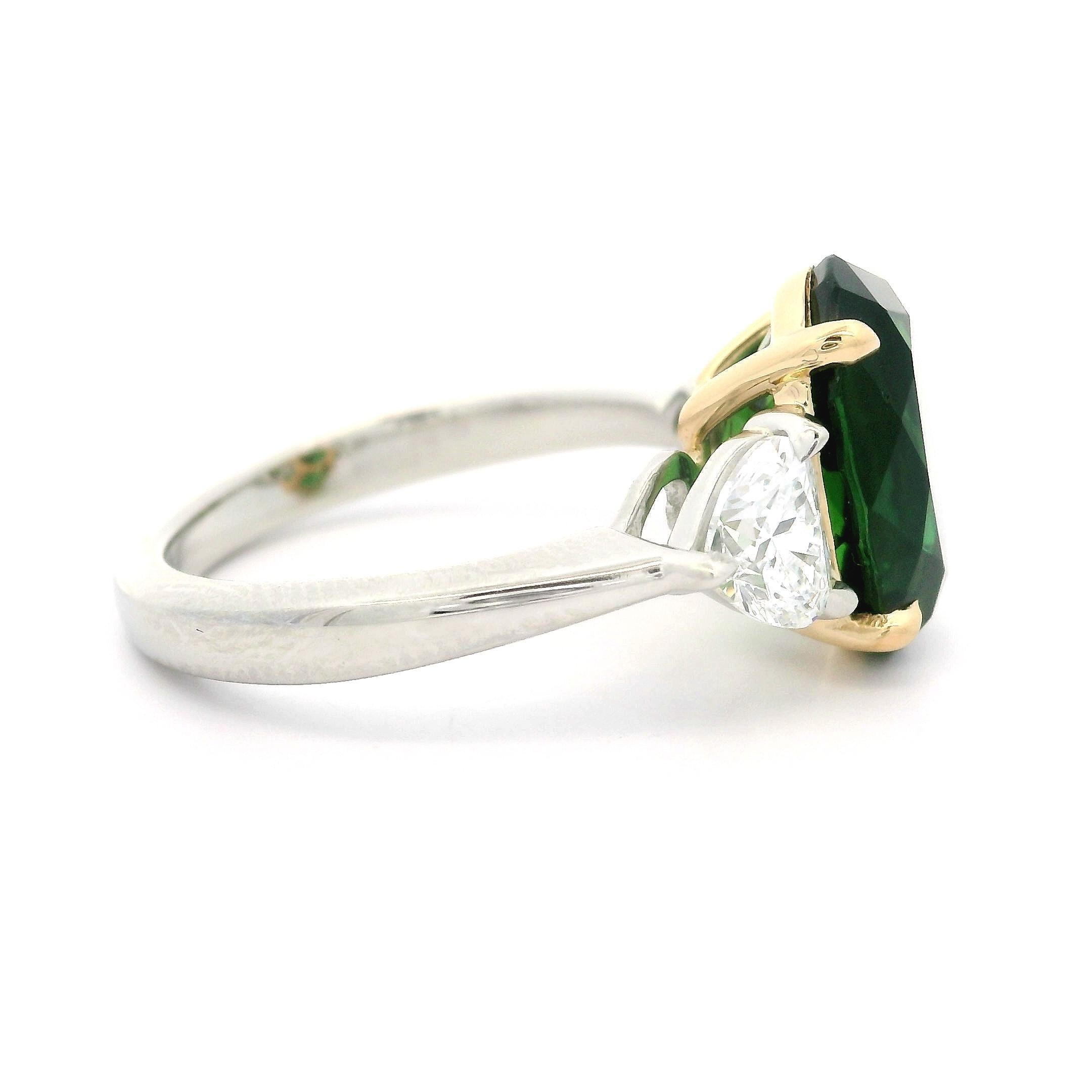 New Platinum Gold GIA 5.59ctw Oval Green Chrome Tourmaline & Heart Diamond Ring For Sale 6