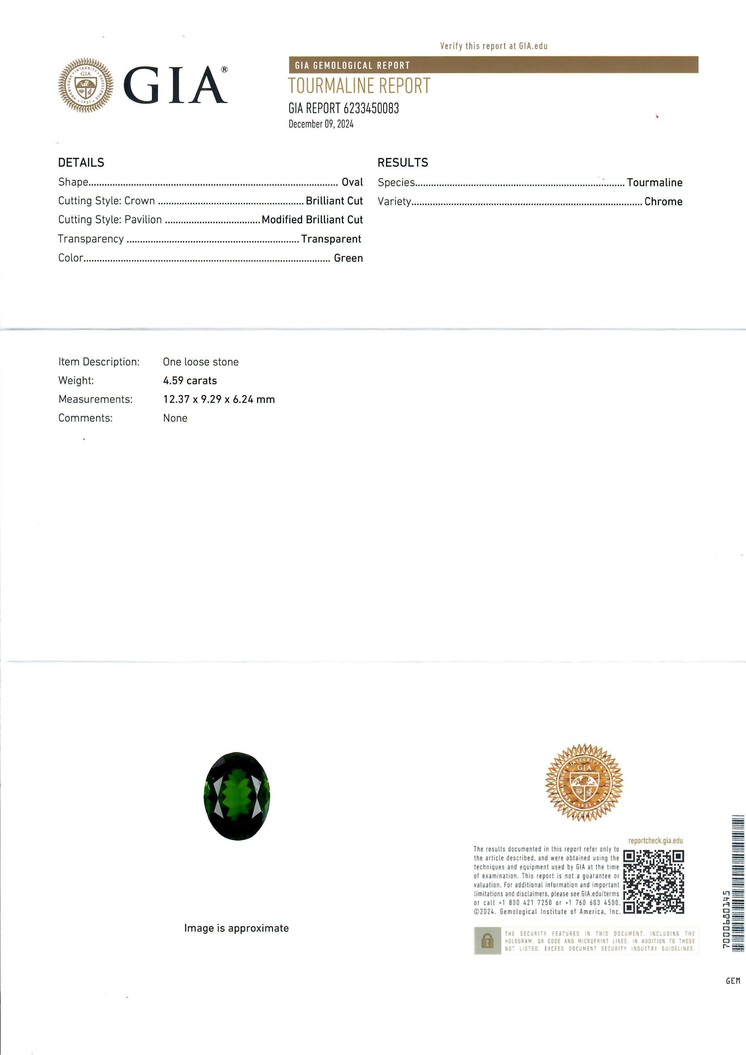 --Stone(s):--
(1) Natural Genuine Chrome Tourmaline - Oval Cut - Yellow Gold Claw Prong Set - Deep Vivid Green Color - 4.59ct (exact)
** See Certification Details Below for Complete Info ** 
(2) Natural Genuine Diamonds - Heart Cut - Prong Set - D