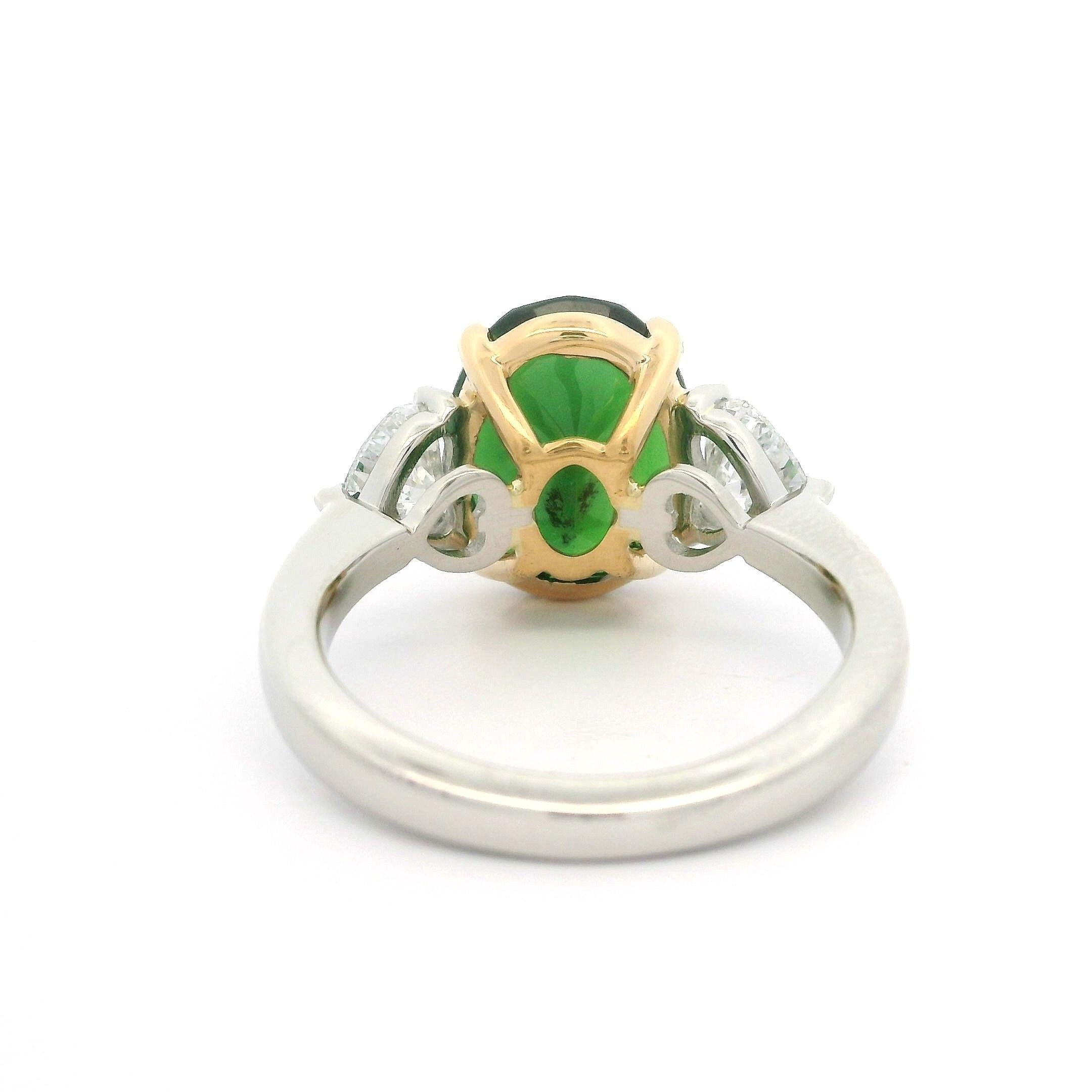 New Platinum Gold GIA 5.59ctw Oval Green Chrome Tourmaline & Heart Diamond Ring For Sale 1