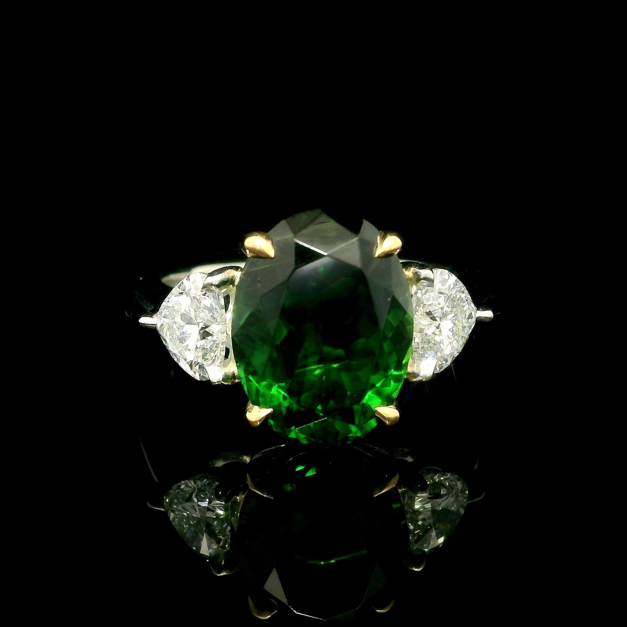 New Platinum Gold GIA 5.59ctw Oval Green Chrome Tourmaline & Heart Diamond Ring For Sale 3