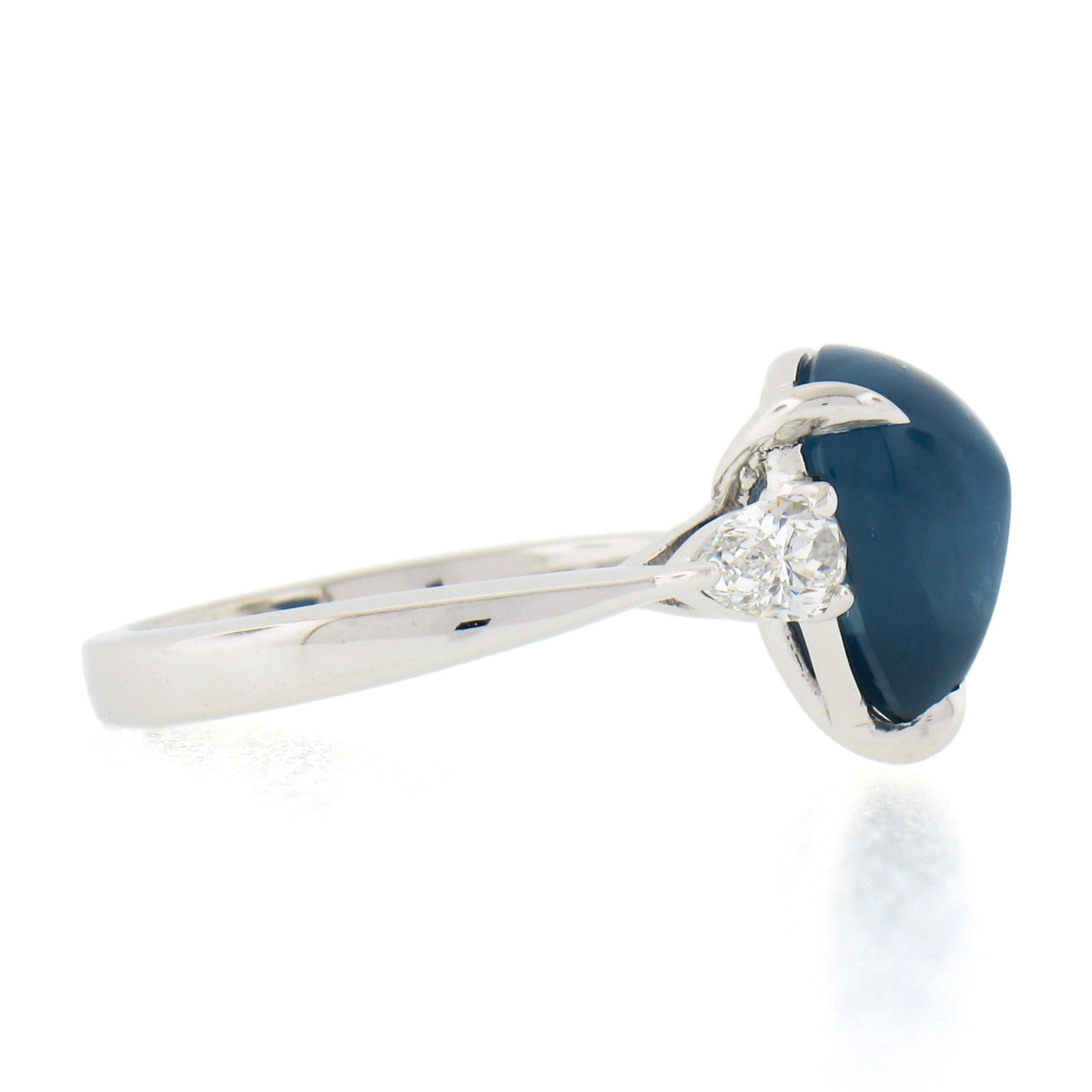 Women's New Platinum Gubelin 5.63ct Triangle Cabochon Sapphire Pear Diamond 3 Stone Ring For Sale