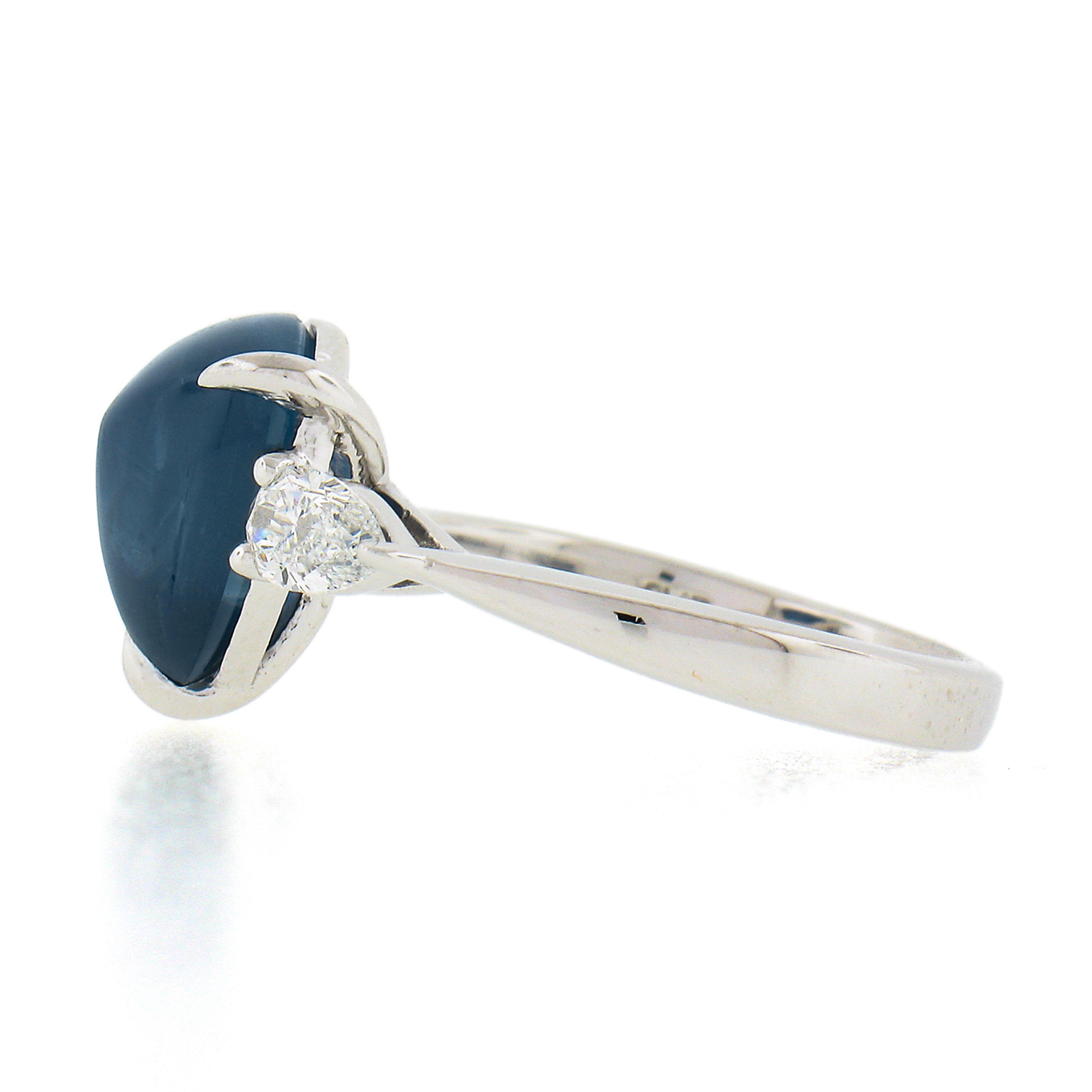 New Platinum Gubelin 5.63ct Triangle Cabochon Sapphire Pear Diamond 3 Stone Ring For Sale 1