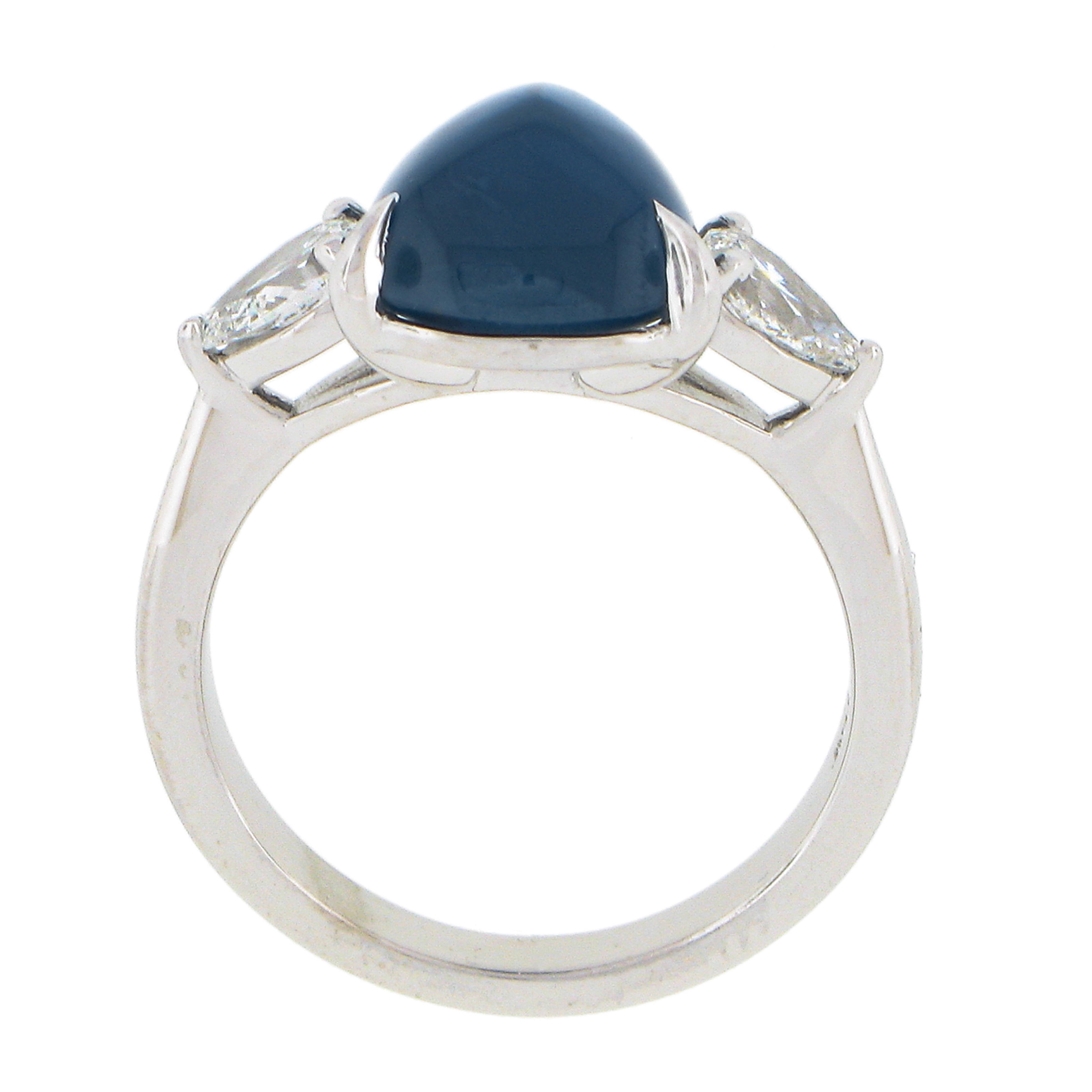 New Platinum Gubelin 5.63ct Triangle Cabochon Sapphire Pear Diamond 3 Stone Ring For Sale 3