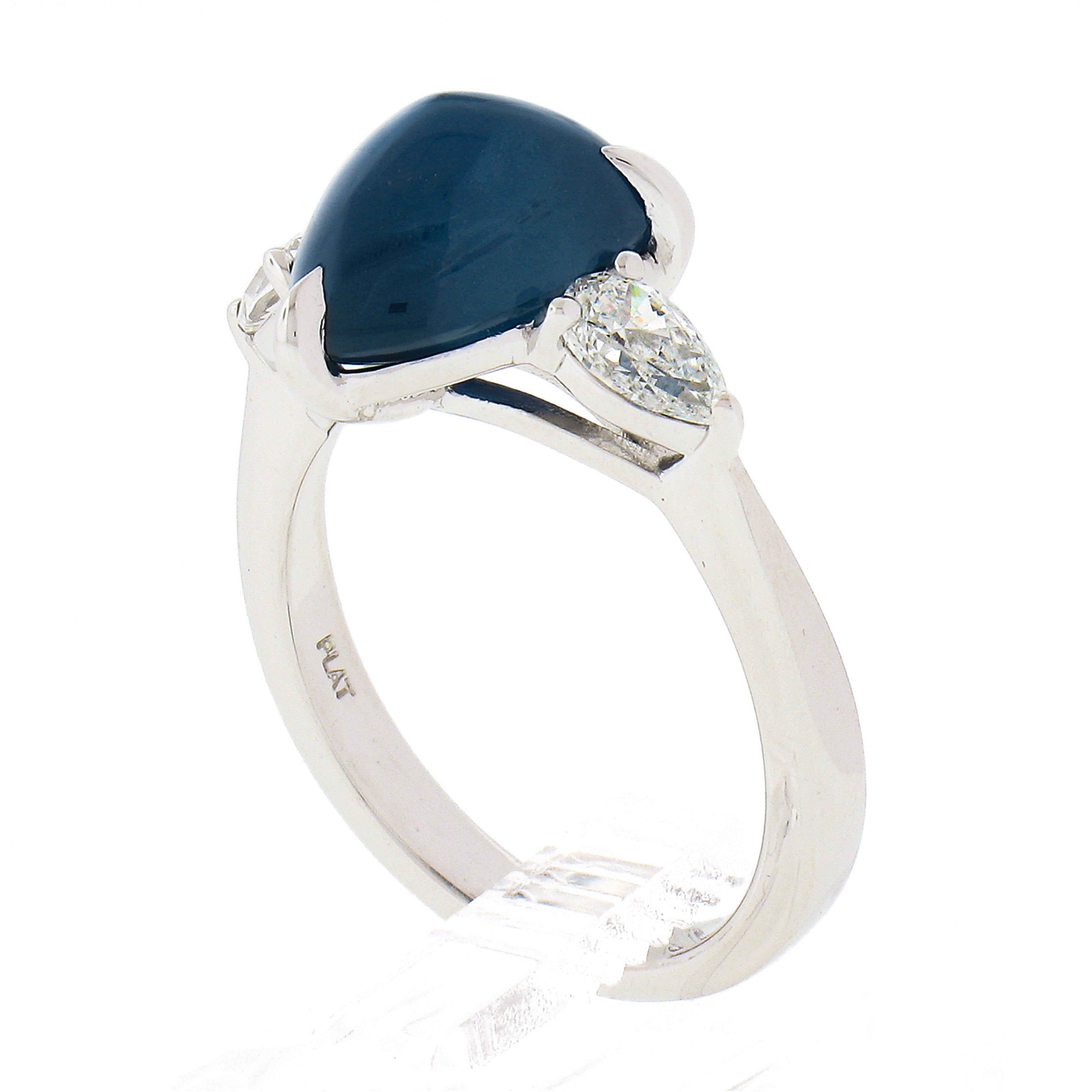 New Platinum Gubelin 5.63ct Triangle Cabochon Sapphire Pear Diamond 3 Stone Ring For Sale 4