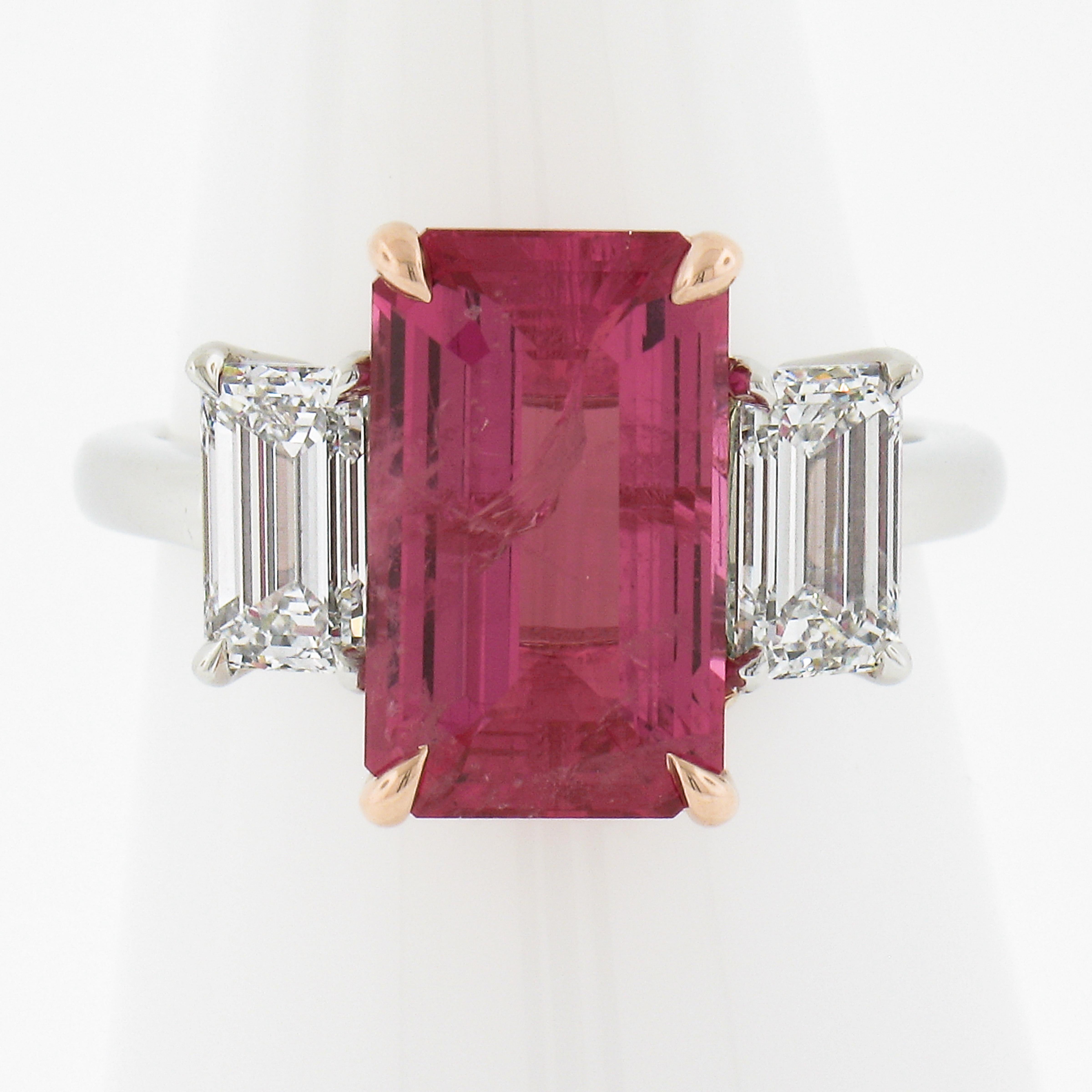 --Stone(s):--
(1) Natural Genuine Spinel - Octagonal Cut - Claw Prong Set - Deep Pink Color w/ Natural Inclusions - NO HEAT - 4.01ct (exact - certified)
** See Certification Details Below for Complete Info **
(2) Natural Genuine Diamonds - Emerald