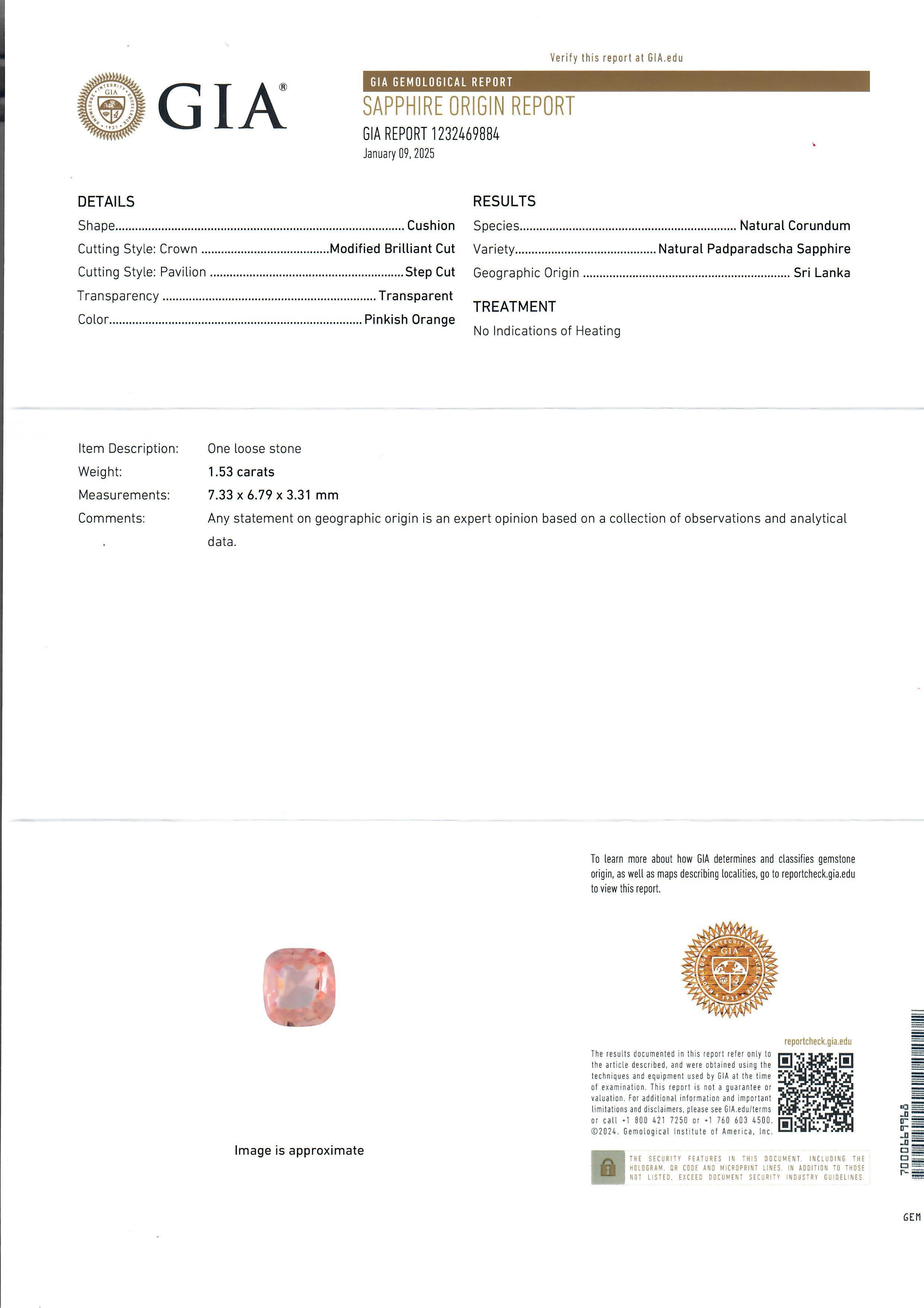 --Stein(e):--
(1) Natürlicher echter Padparadscha Saphir - Kissenschliff - Zinkenbesatz - Erstaunlich saubere transparente rosa-orange Farbe - KEINE HITZE - 1,53ct (genau - zertifiziert)
** Vollständige Informationen siehe unten unter