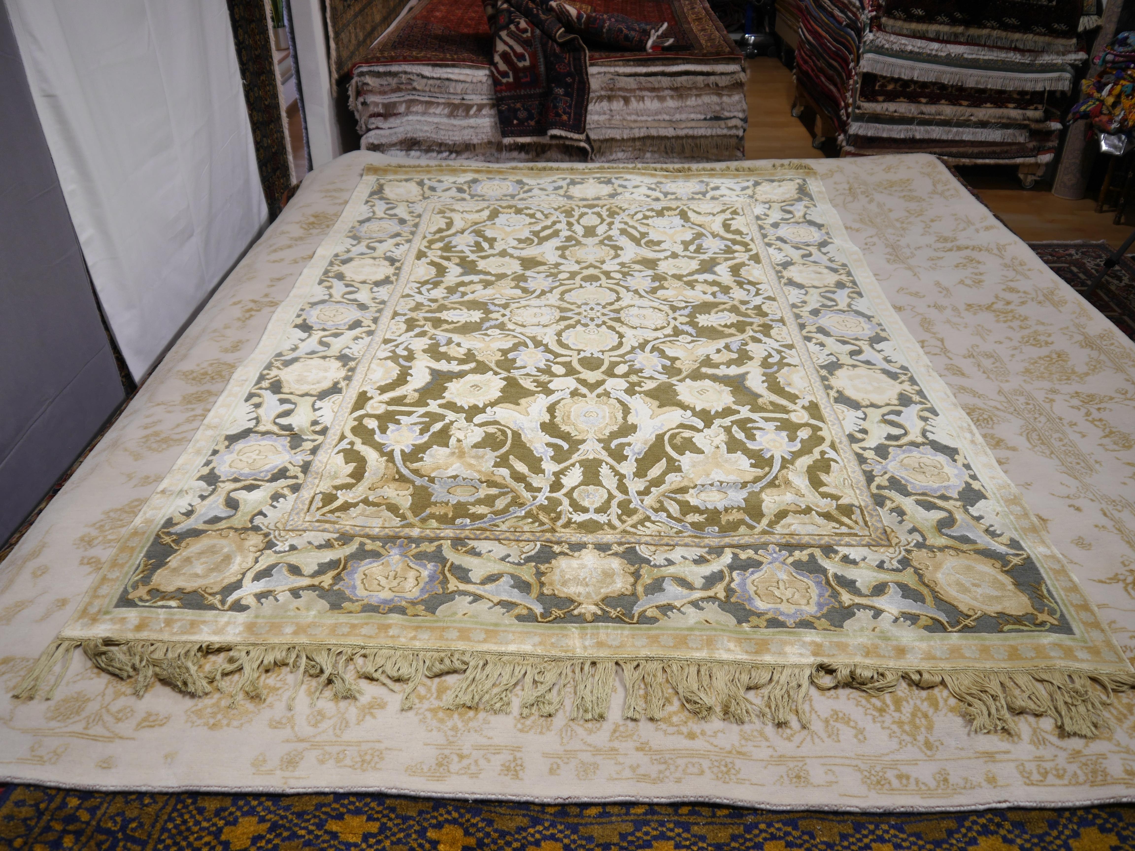 Nepalese New Polonaise Rug Silk and Wool Antique Isfahan Design Bespoke Sizes