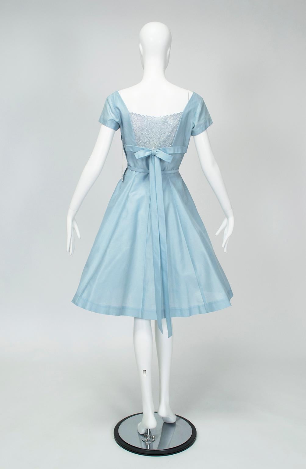 Women's New Powder Blue Petal Shelf Bust Honeymoon Party Dress w Crinoline – M, 1953 For Sale
