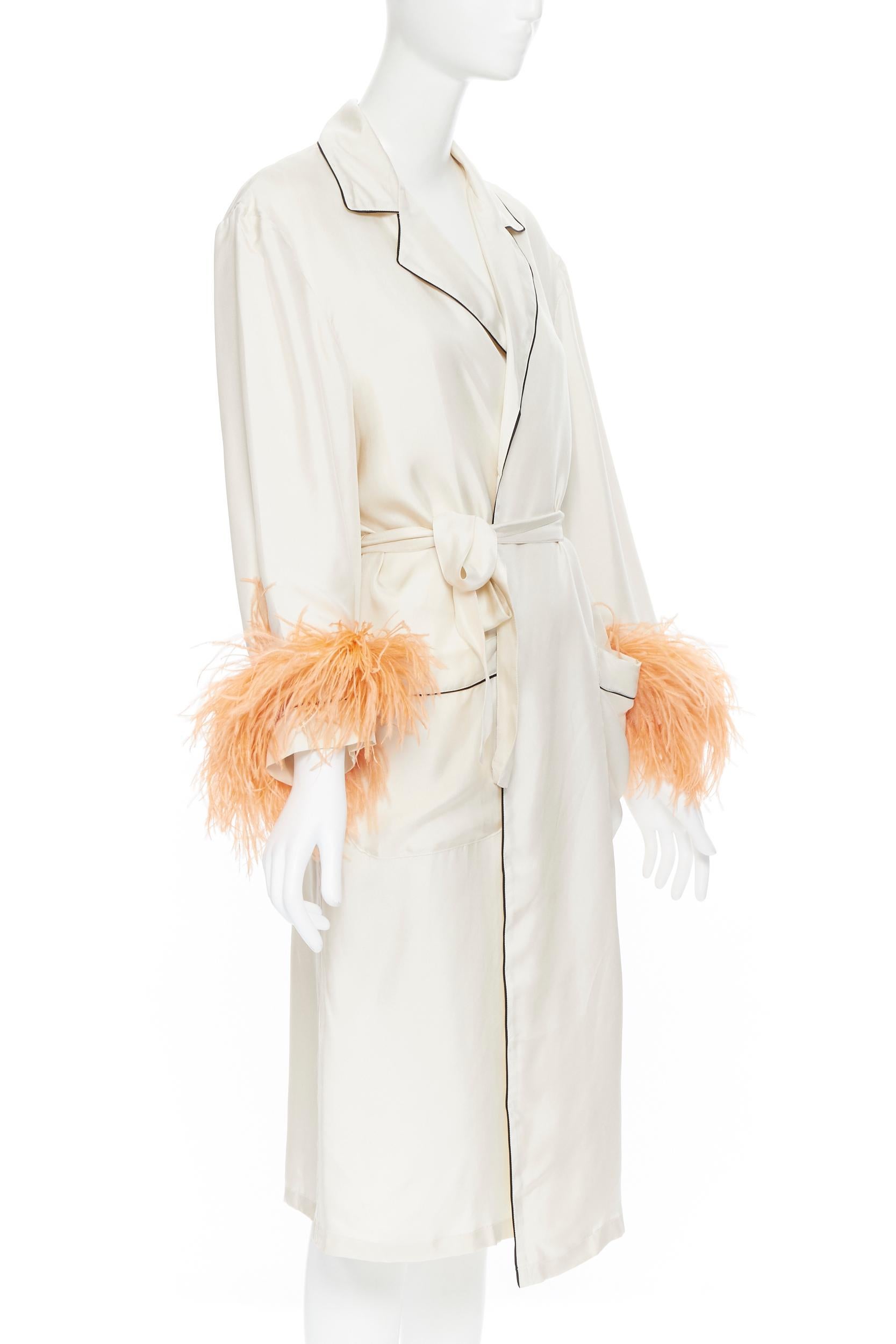 new PRADA 100% silk beige black piping orange feather cuff robe coat  Rihanna M at 1stDibs