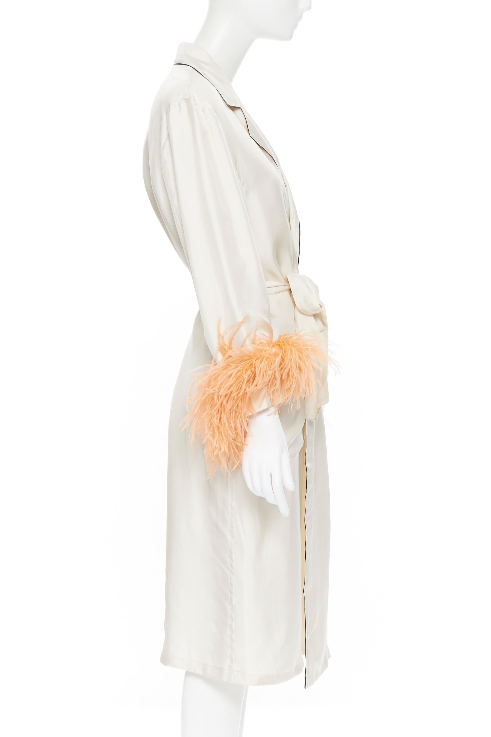 Beige new PRADA 100% silk beige black piping orange feather cuff robe coat Rihanna M