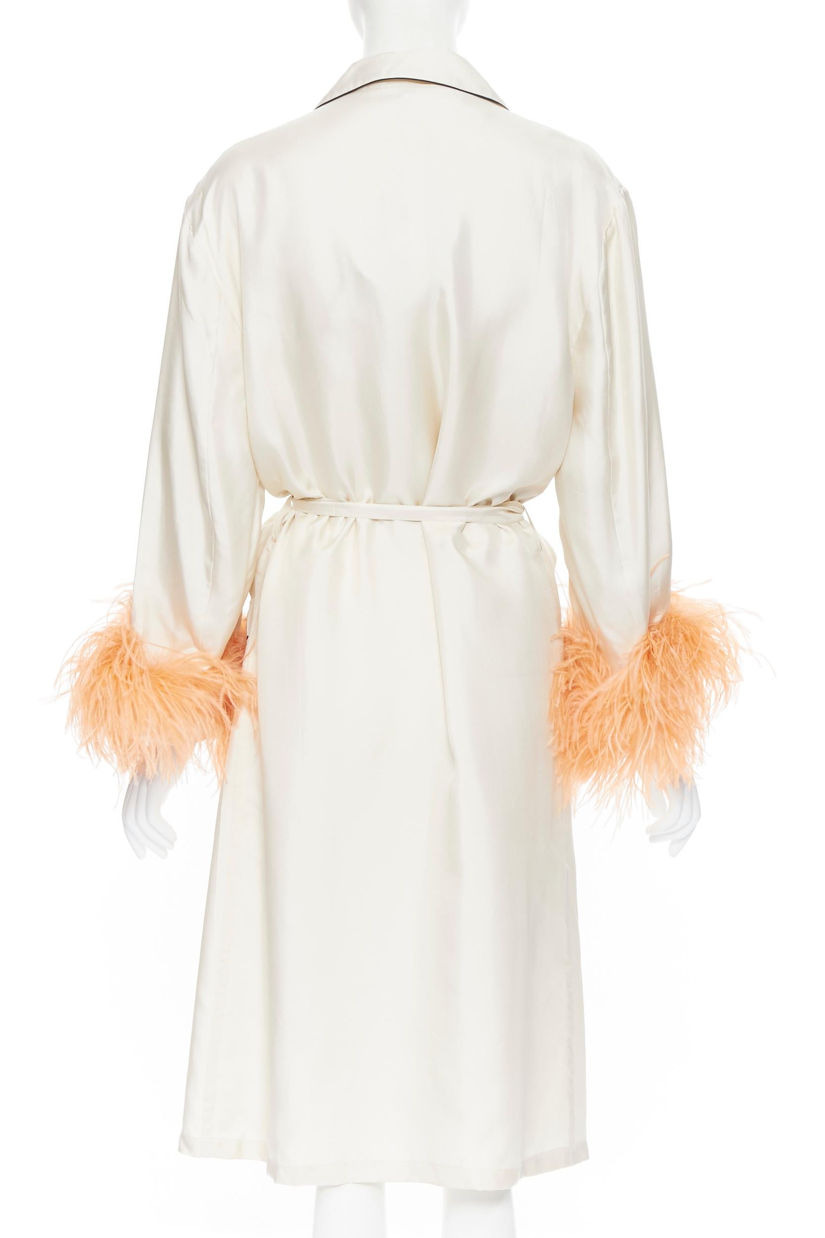 new PRADA 100% silk beige black piping orange feather cuff robe coat Rihanna M In New Condition In Hong Kong, NT